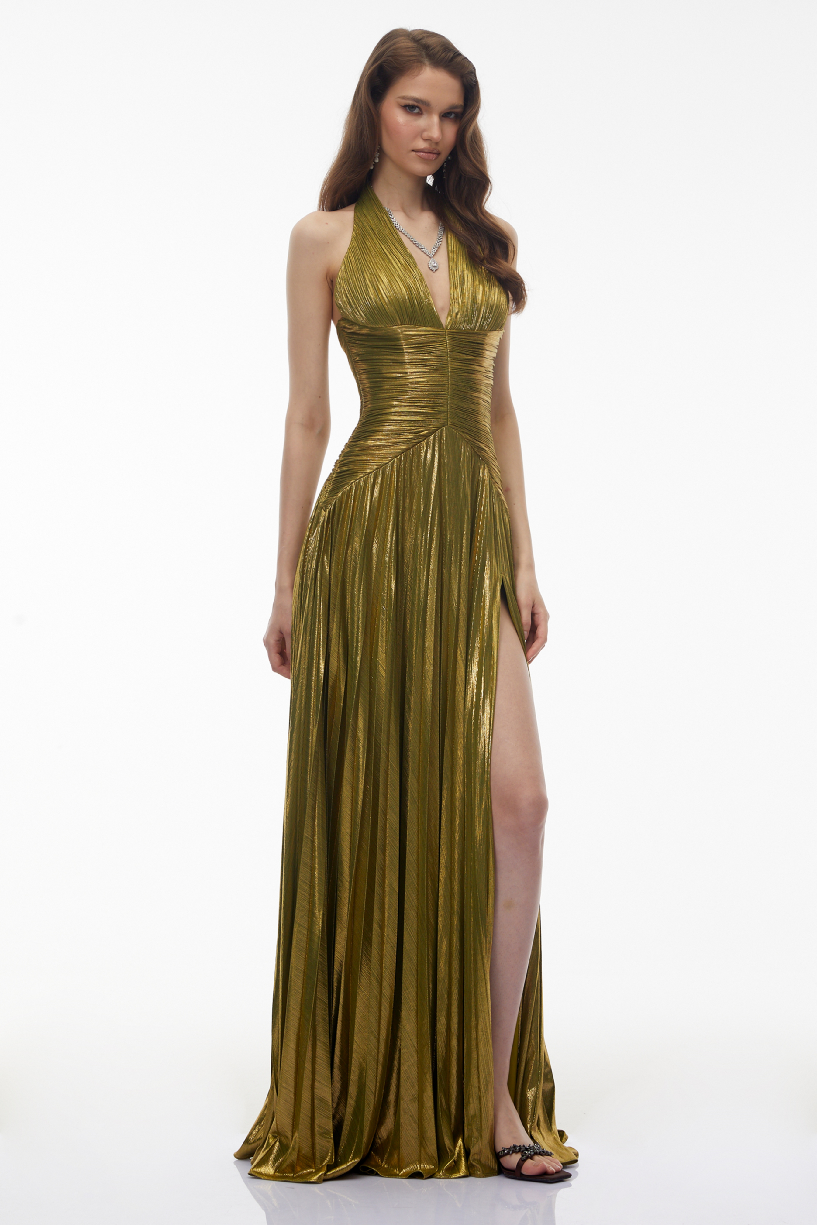 Green Halterneck Ruched Maxi Dress