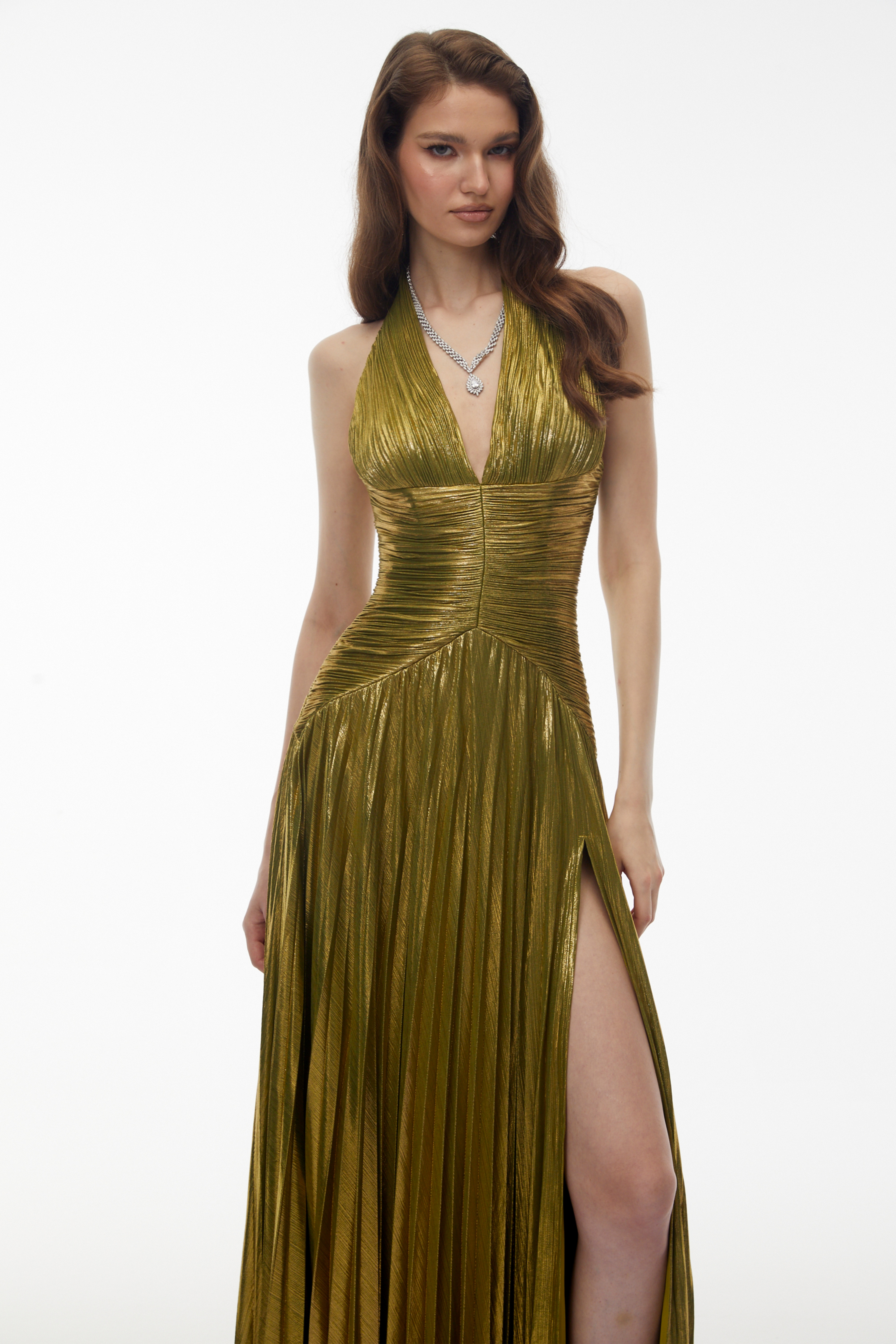 Green Halterneck Ruched Maxi Dress
