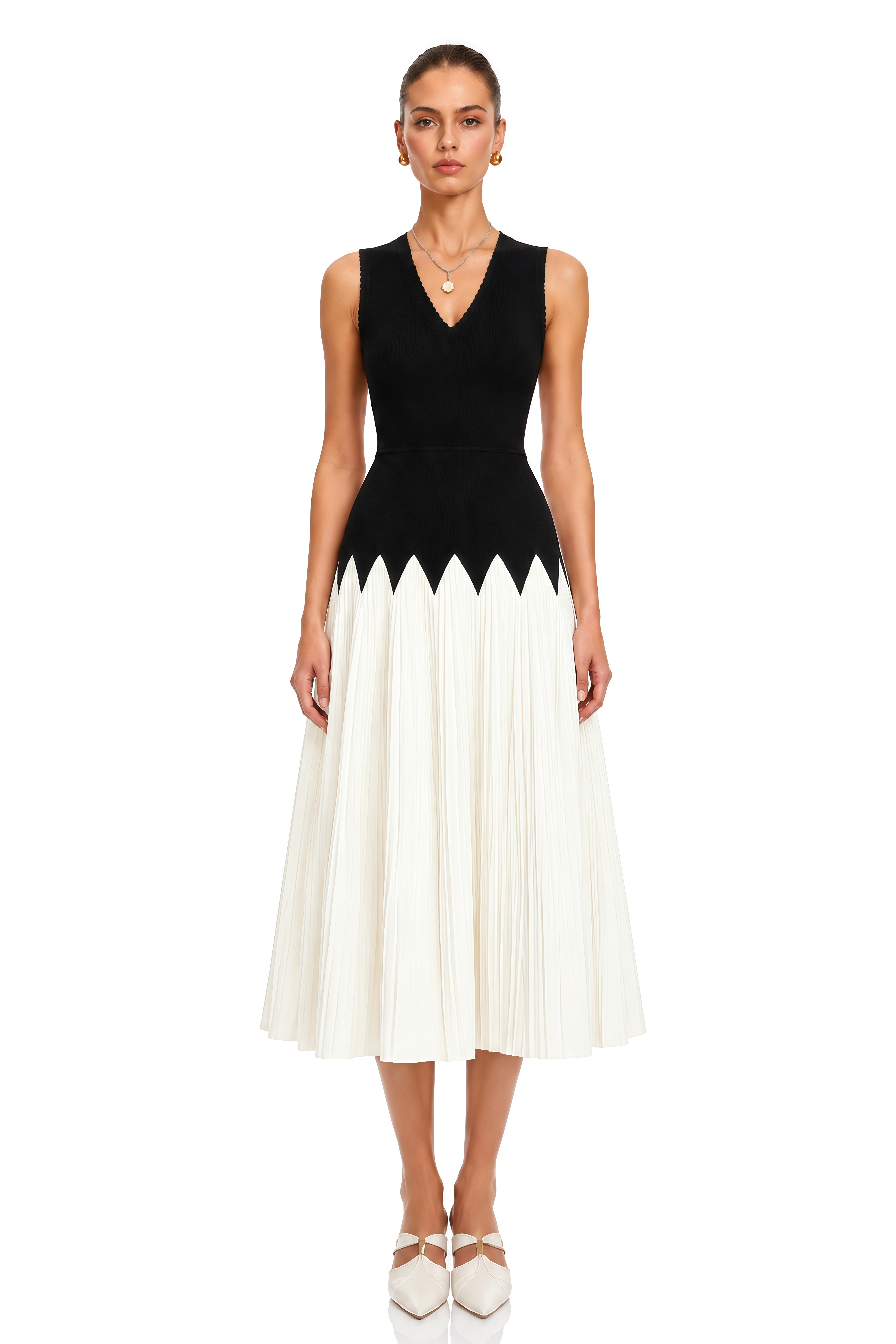 Nancy Black Color Block Pleated Midi Dress