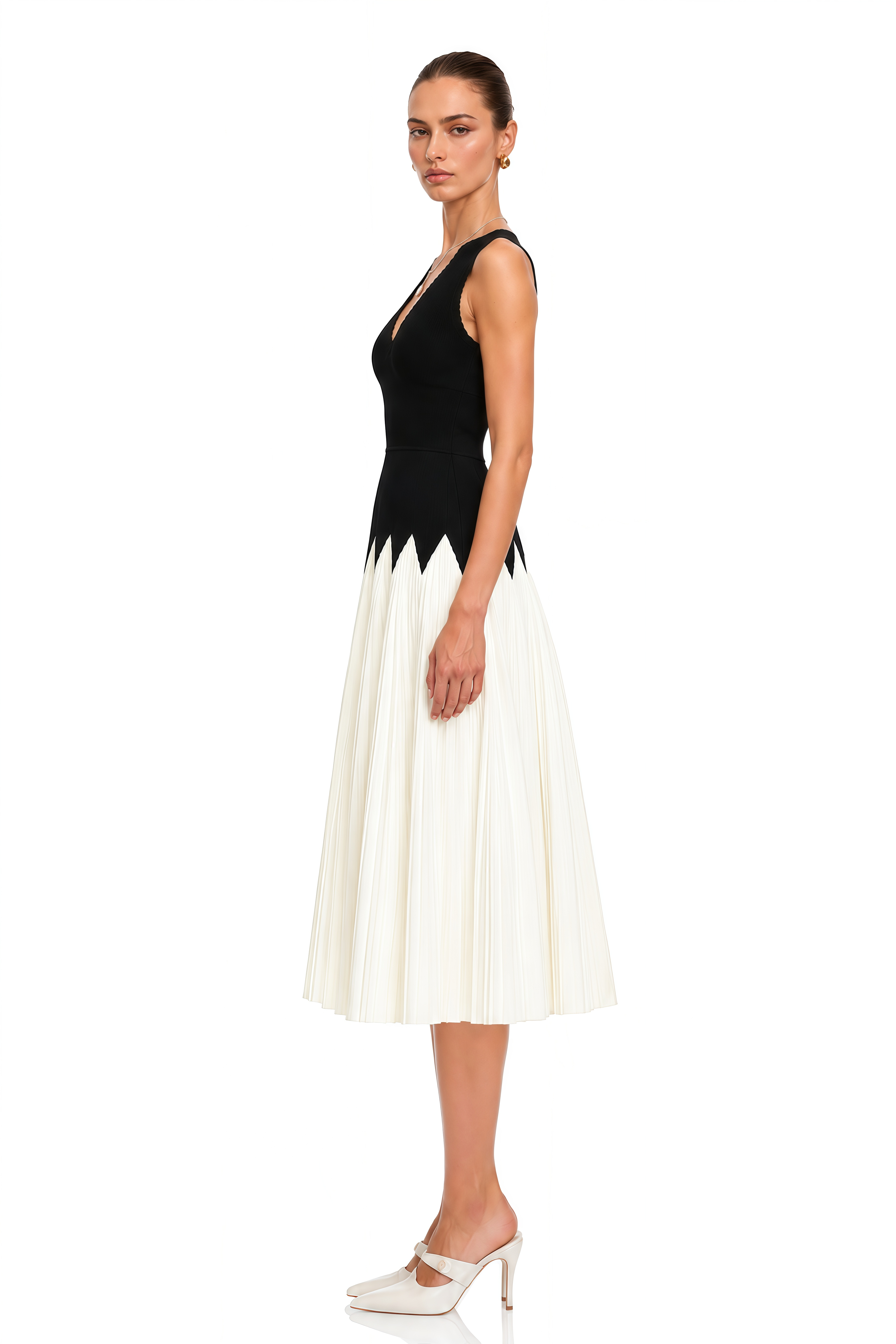 Nancy Black Color Block Pleated Midi Dress