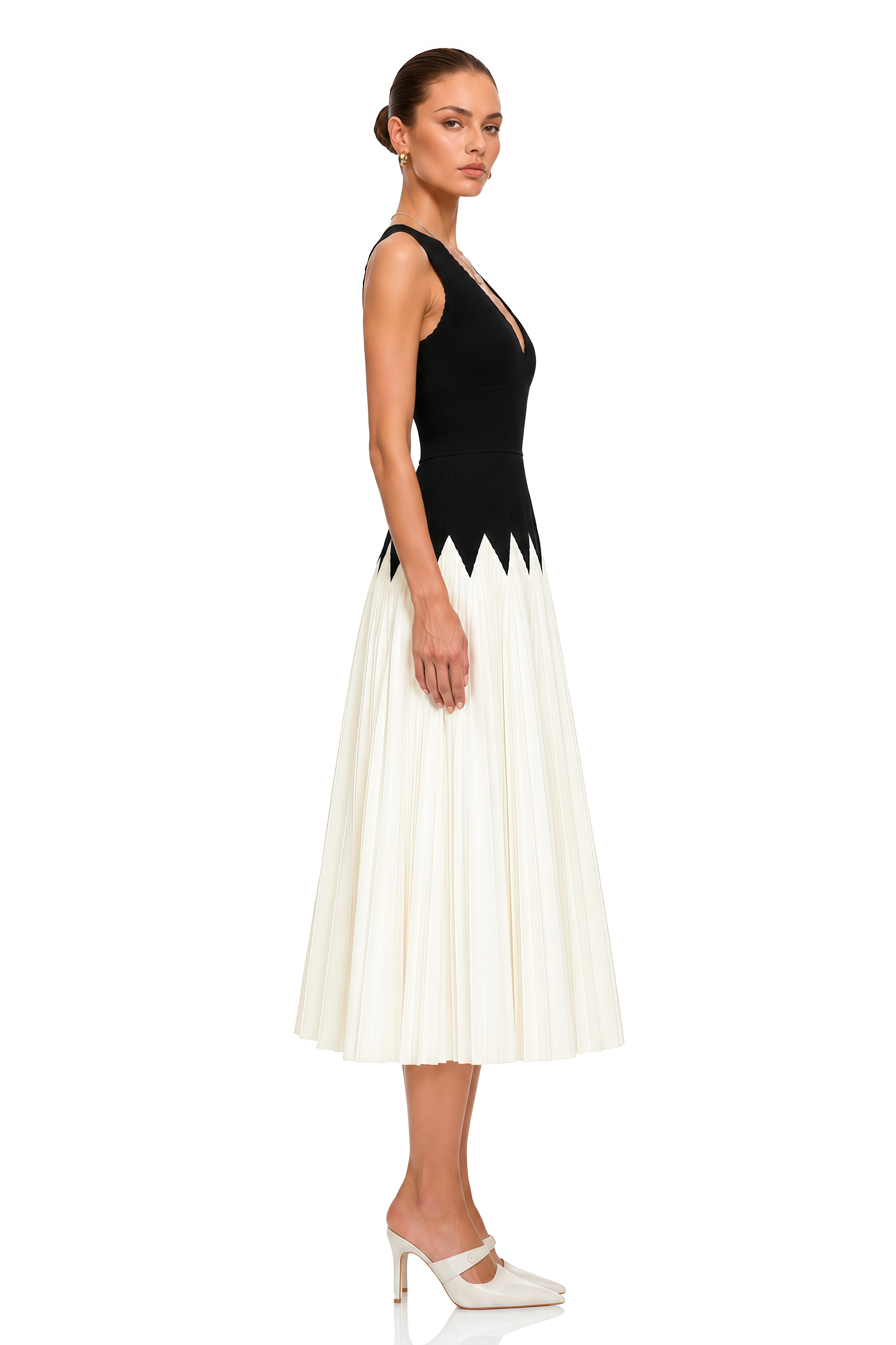 Nancy Black Color Block Pleated Midi Dress
