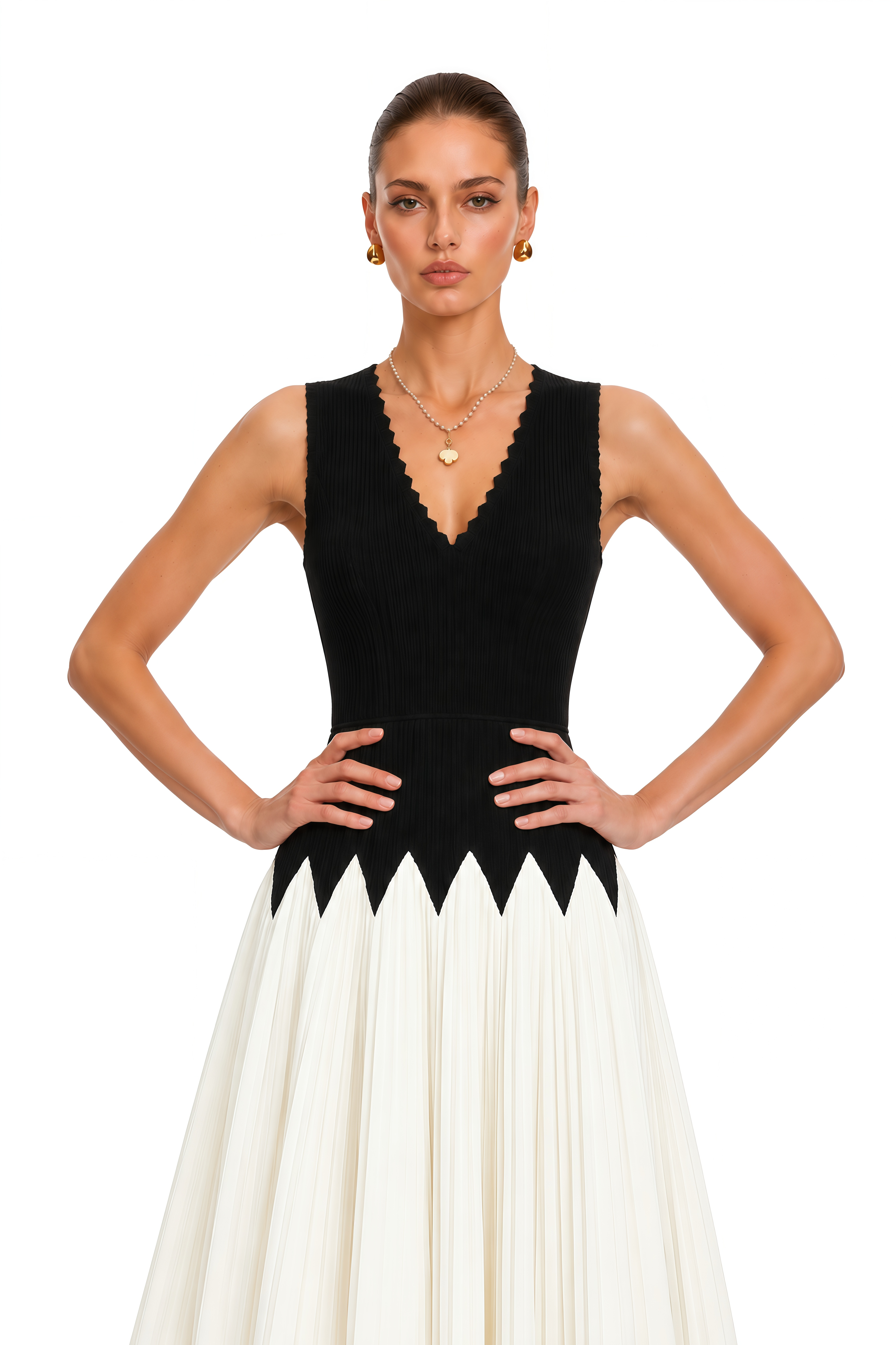Nancy Black Color Block Pleated Midi Dress