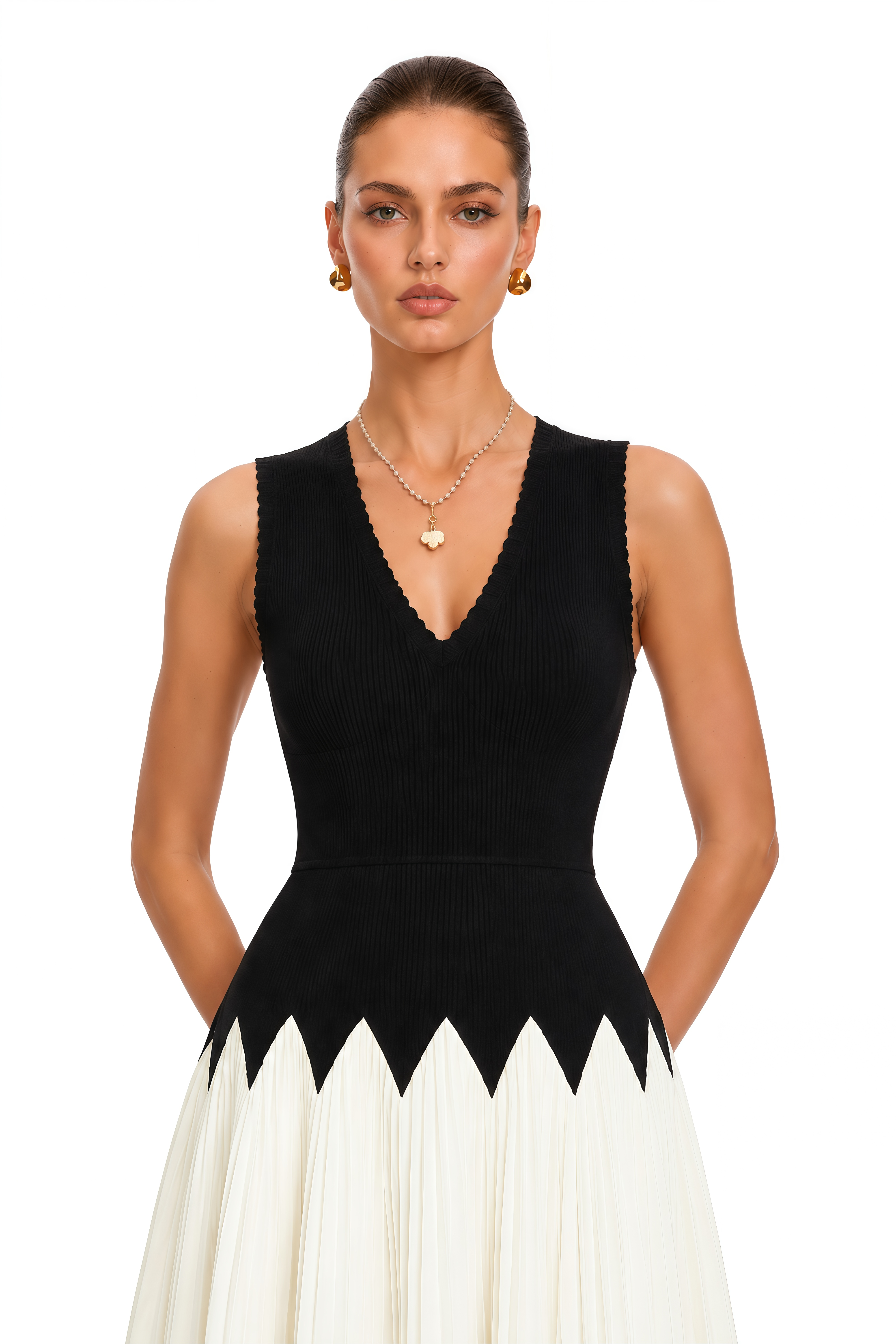 Nancy Black Color Block Pleated Midi Dress