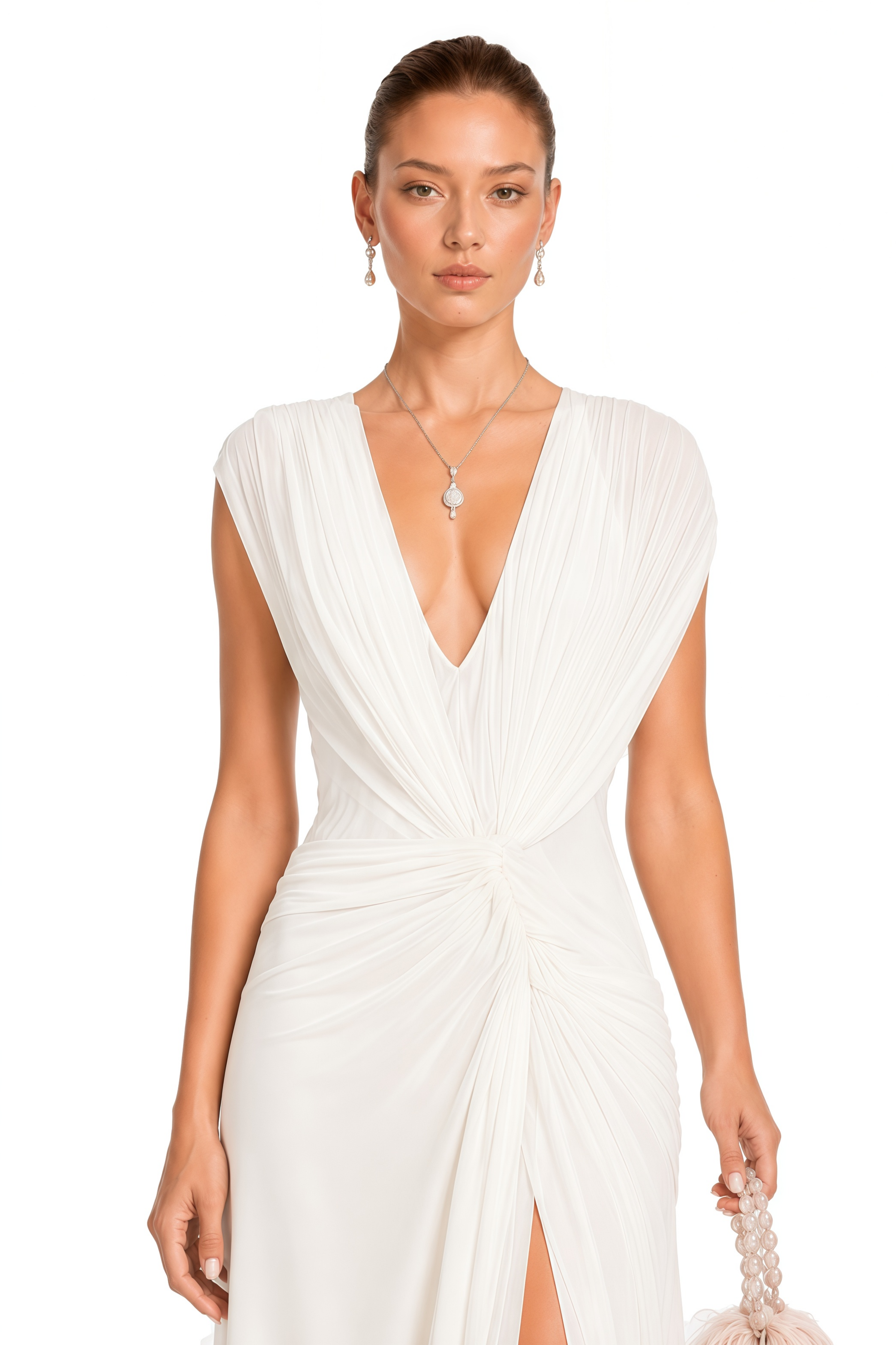Nancy White Plunging Semi Sheer Maxi Dress With Slit