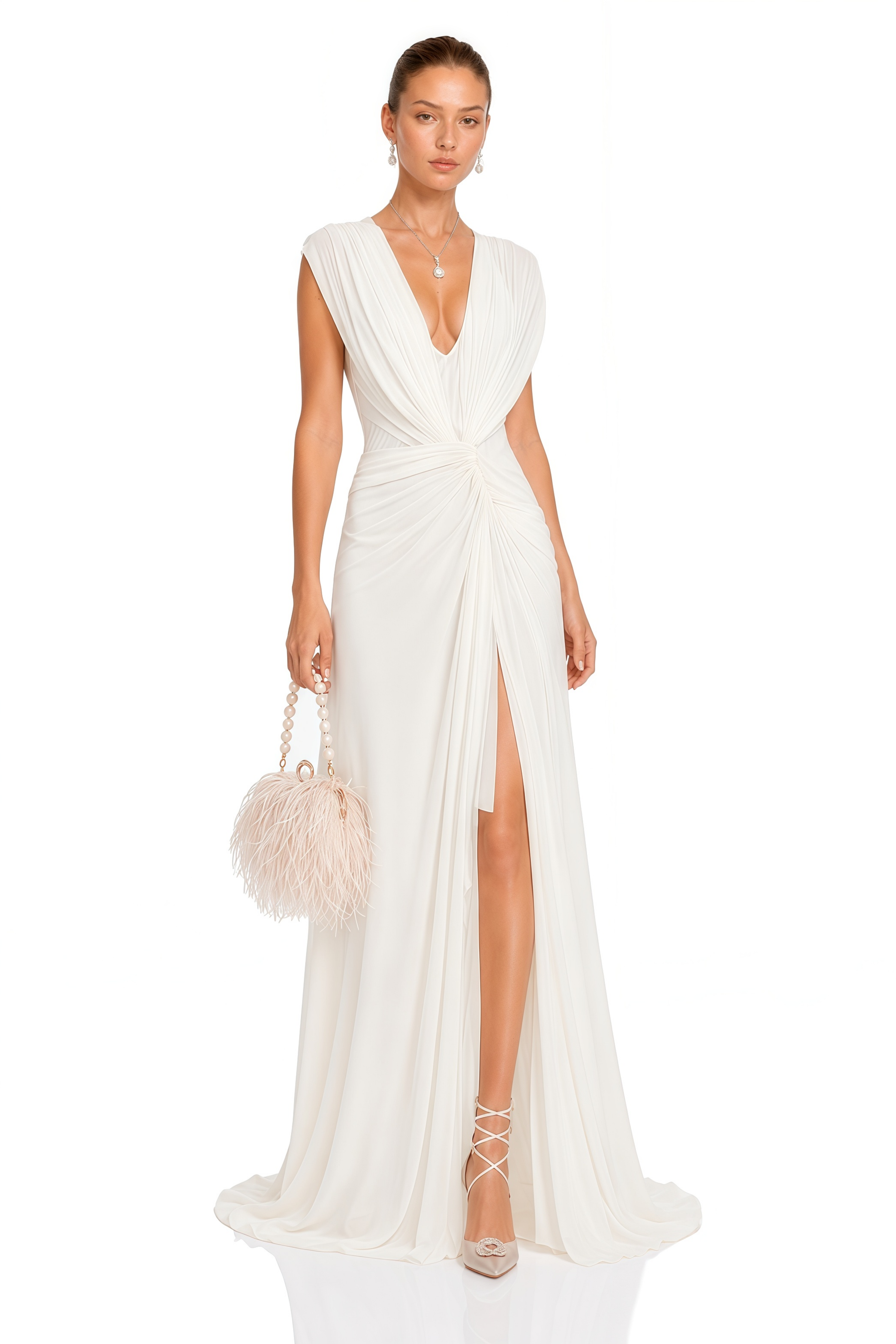 Nancy White Plunging Semi Sheer Maxi Dress With Slit