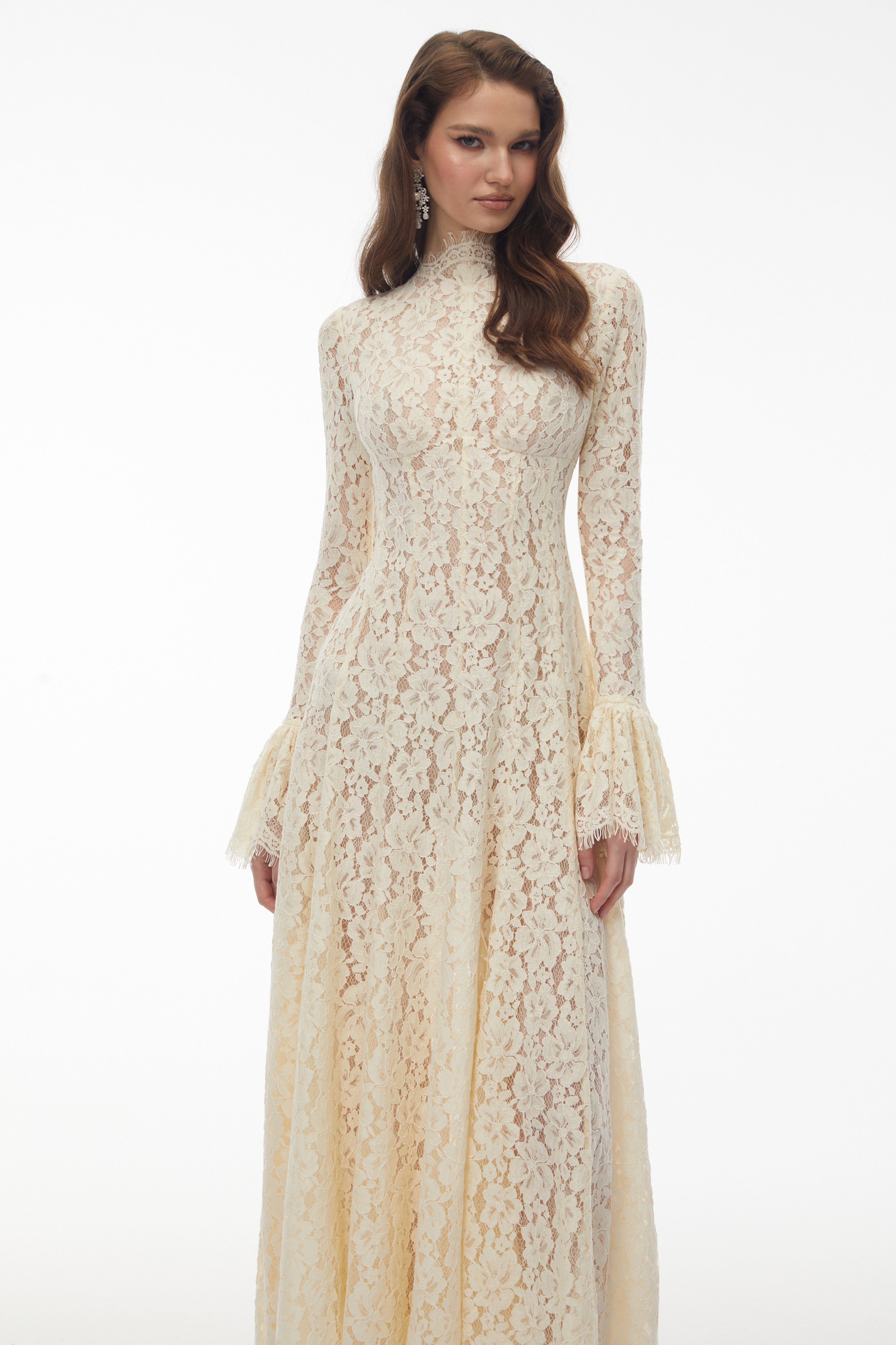 White Mock Neck Floral Lace Maxi Dress