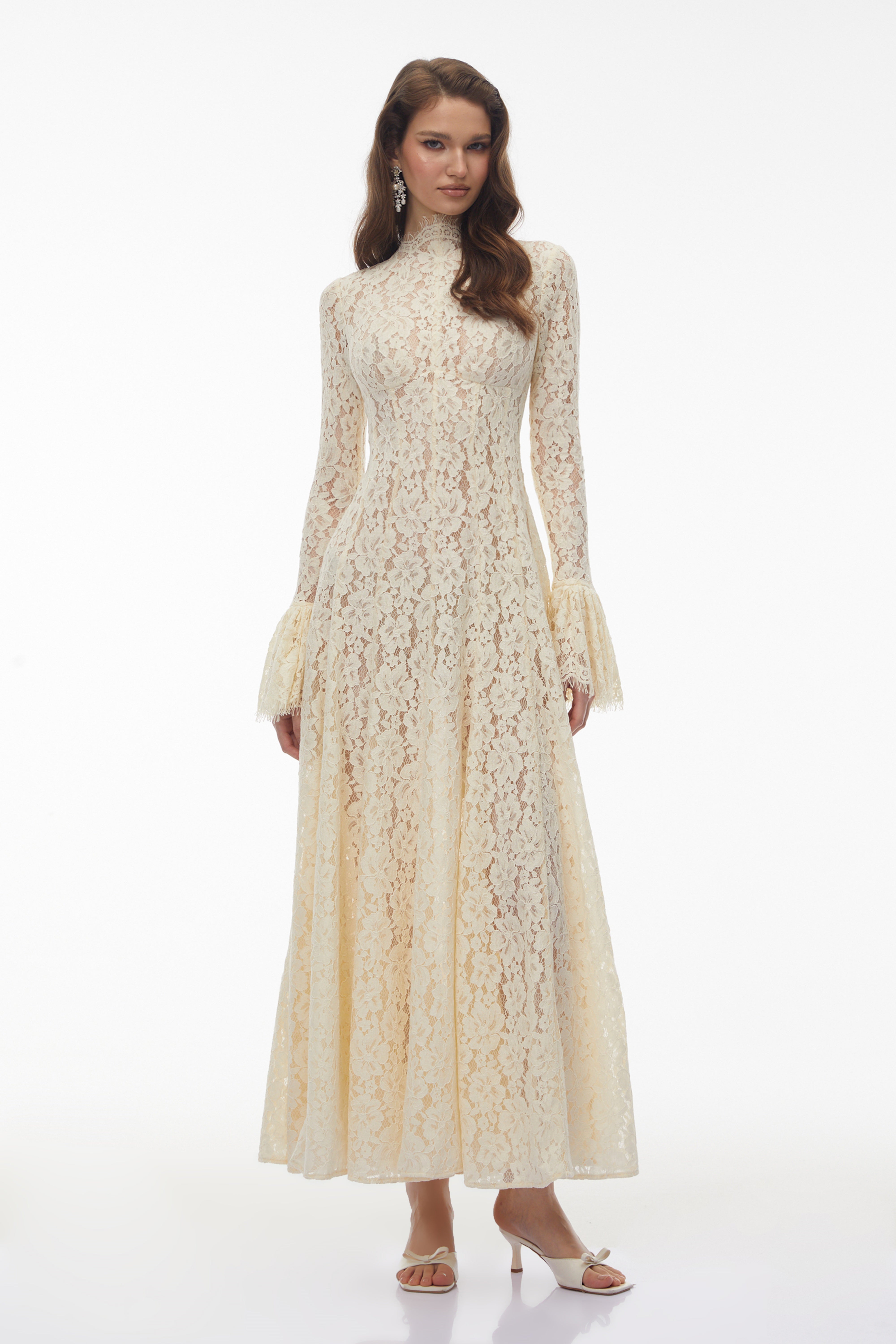 White Mock Neck Floral Lace Maxi Dress