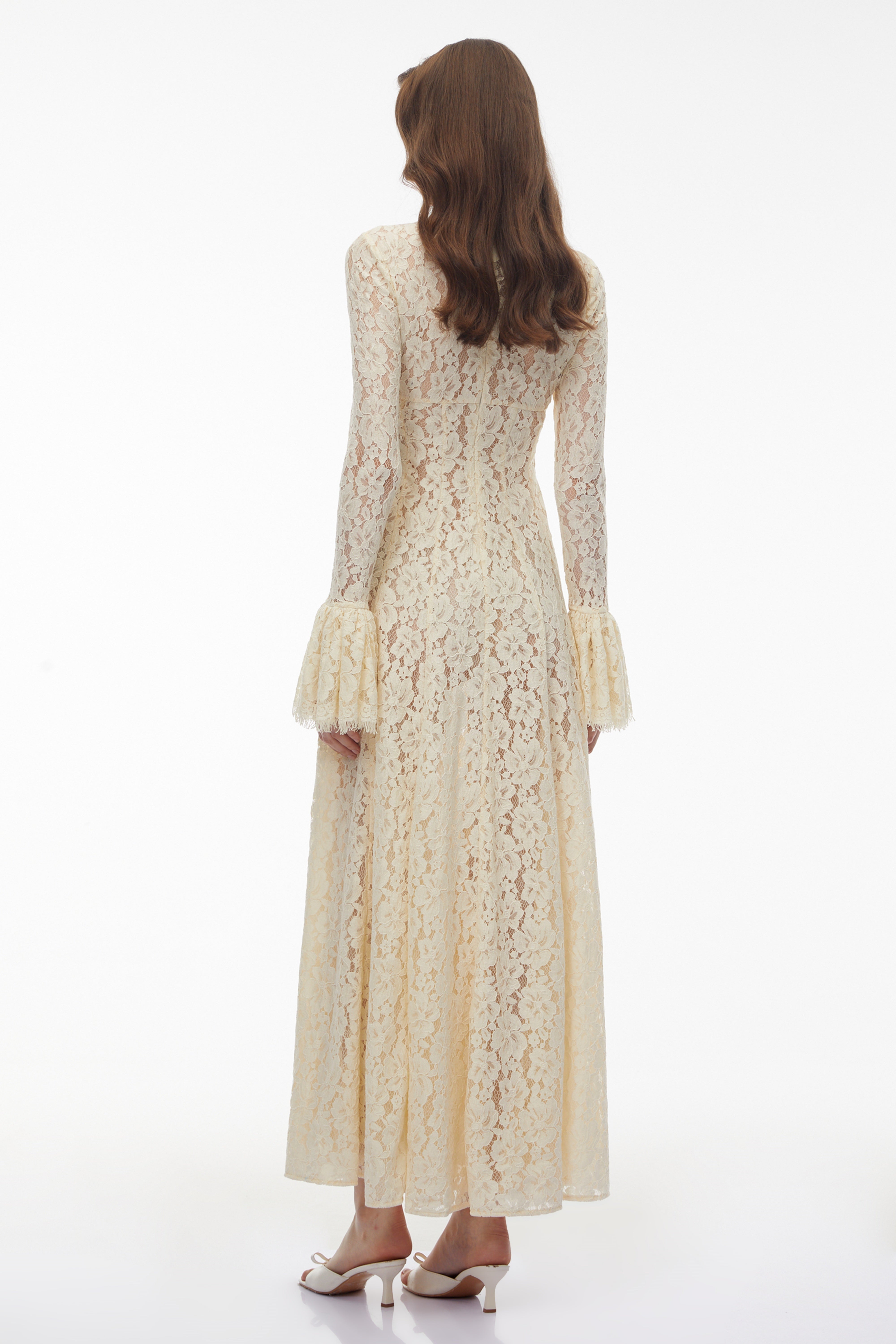 White Mock Neck Floral Lace Maxi Dress