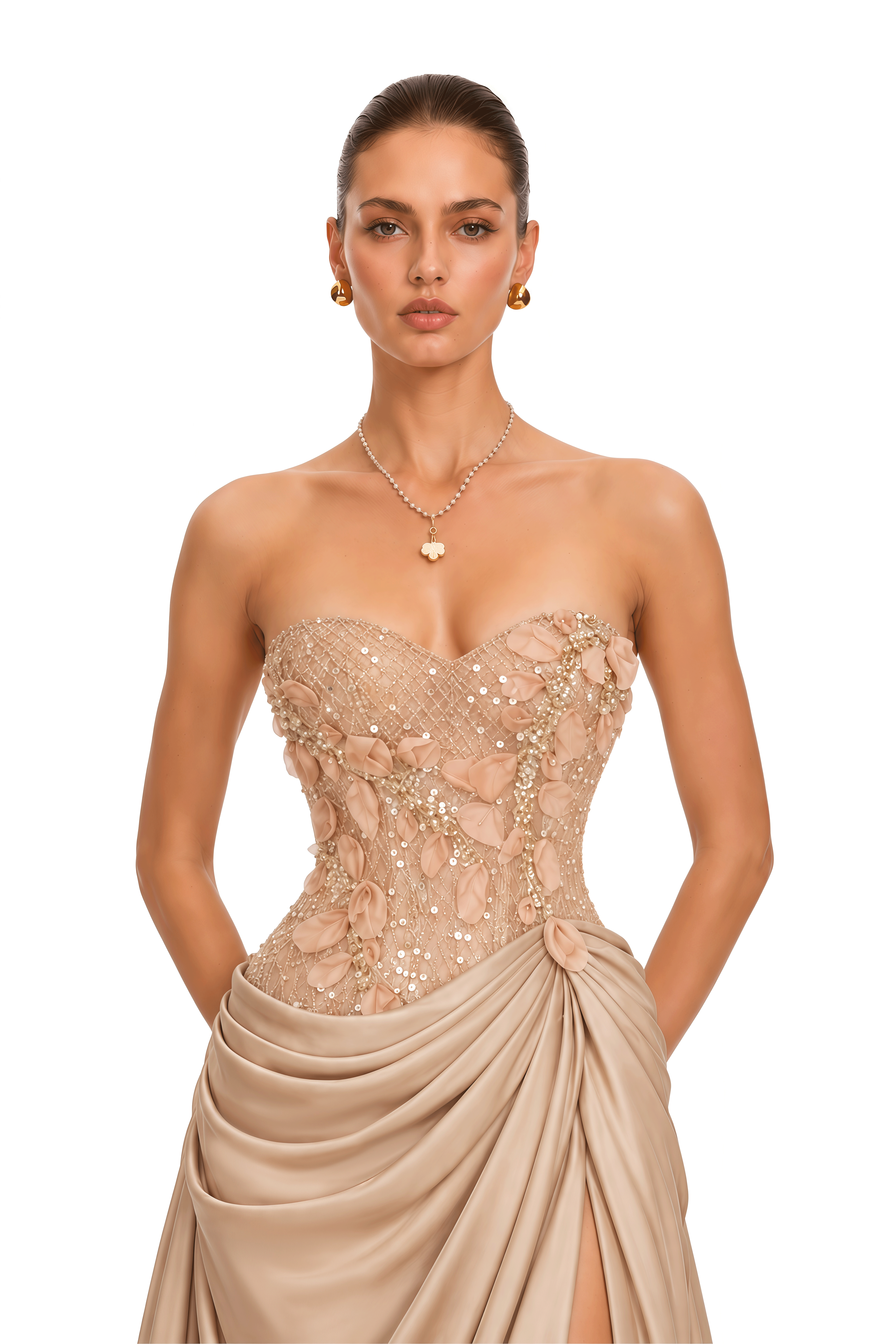 Nathalia Champagne Floral Applique Draped Maxi Dress