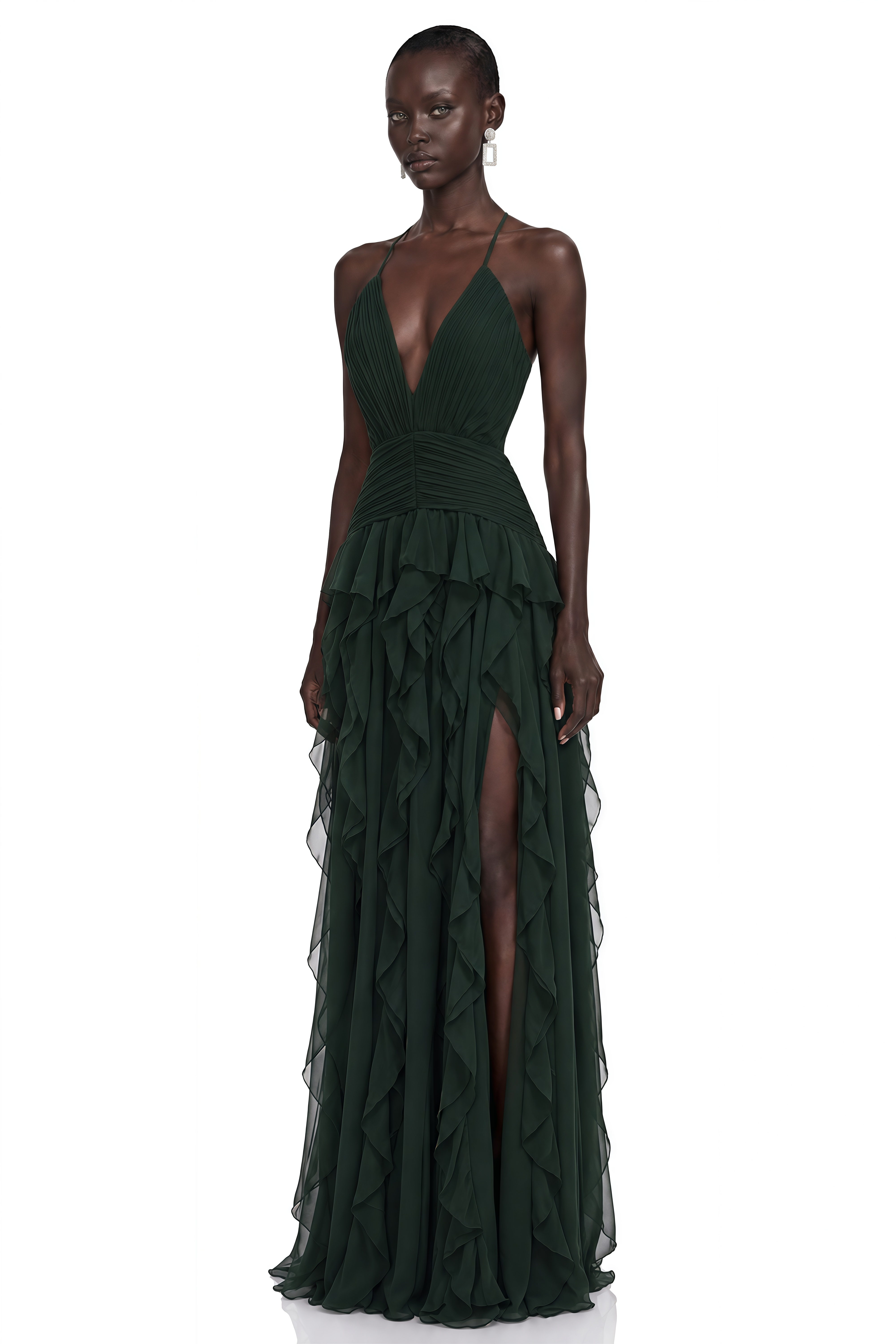 Nathalie Green Plunge Neck Ruffled Maxi Dress