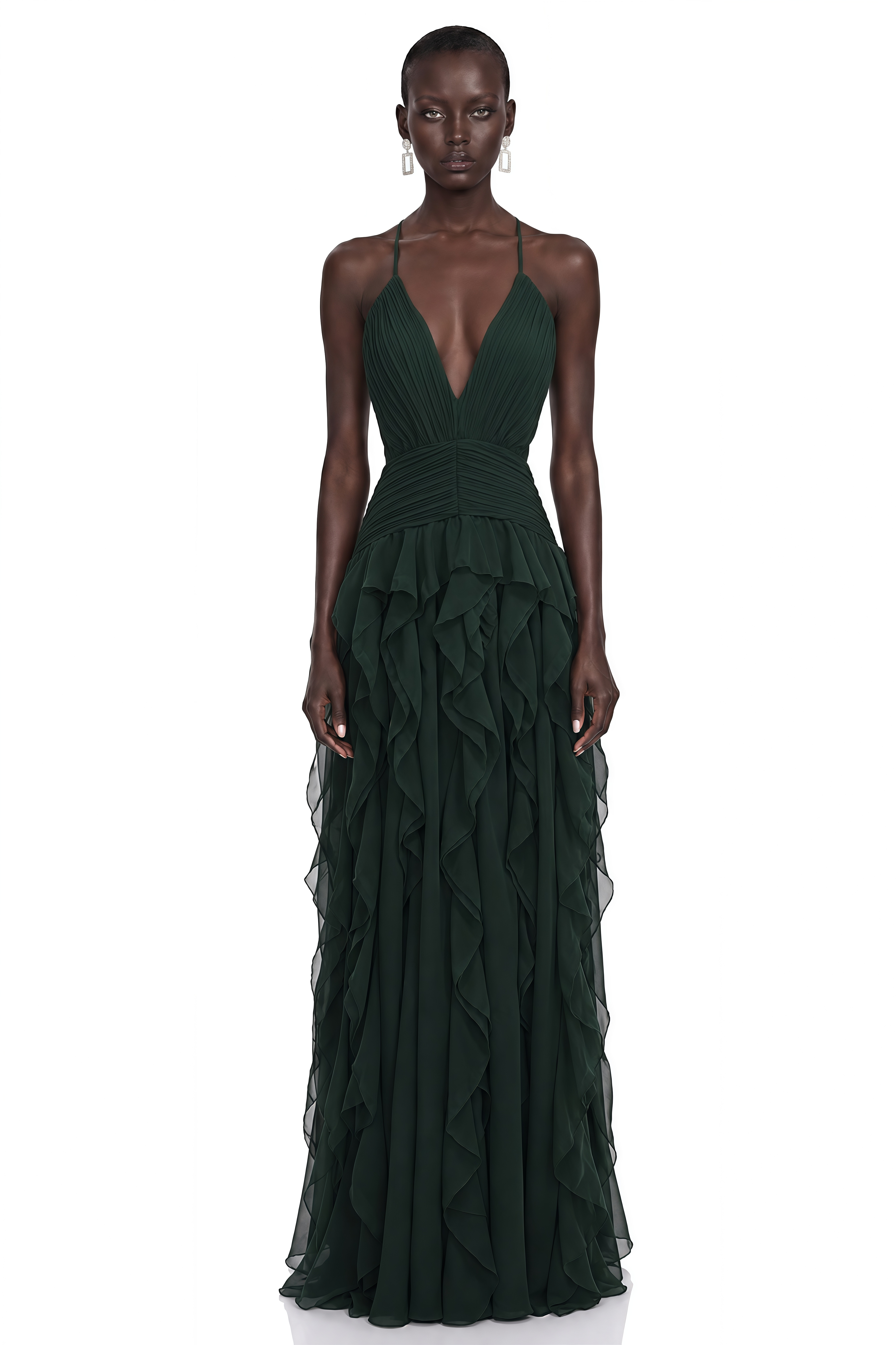 Nathalie Green Plunge Neck Ruffled Maxi Dress