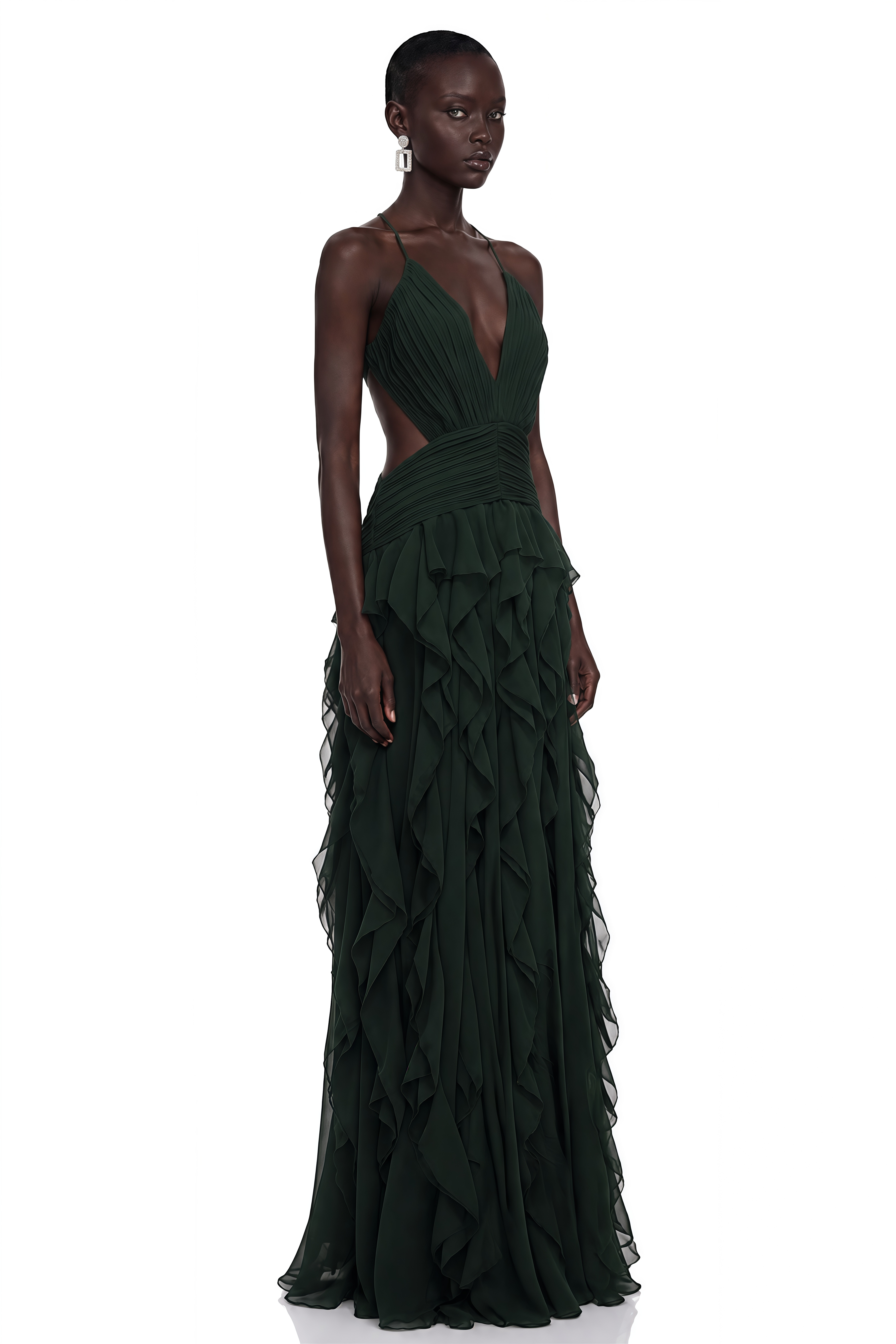 Nathalie Green Plunge Neck Ruffled Maxi Dress