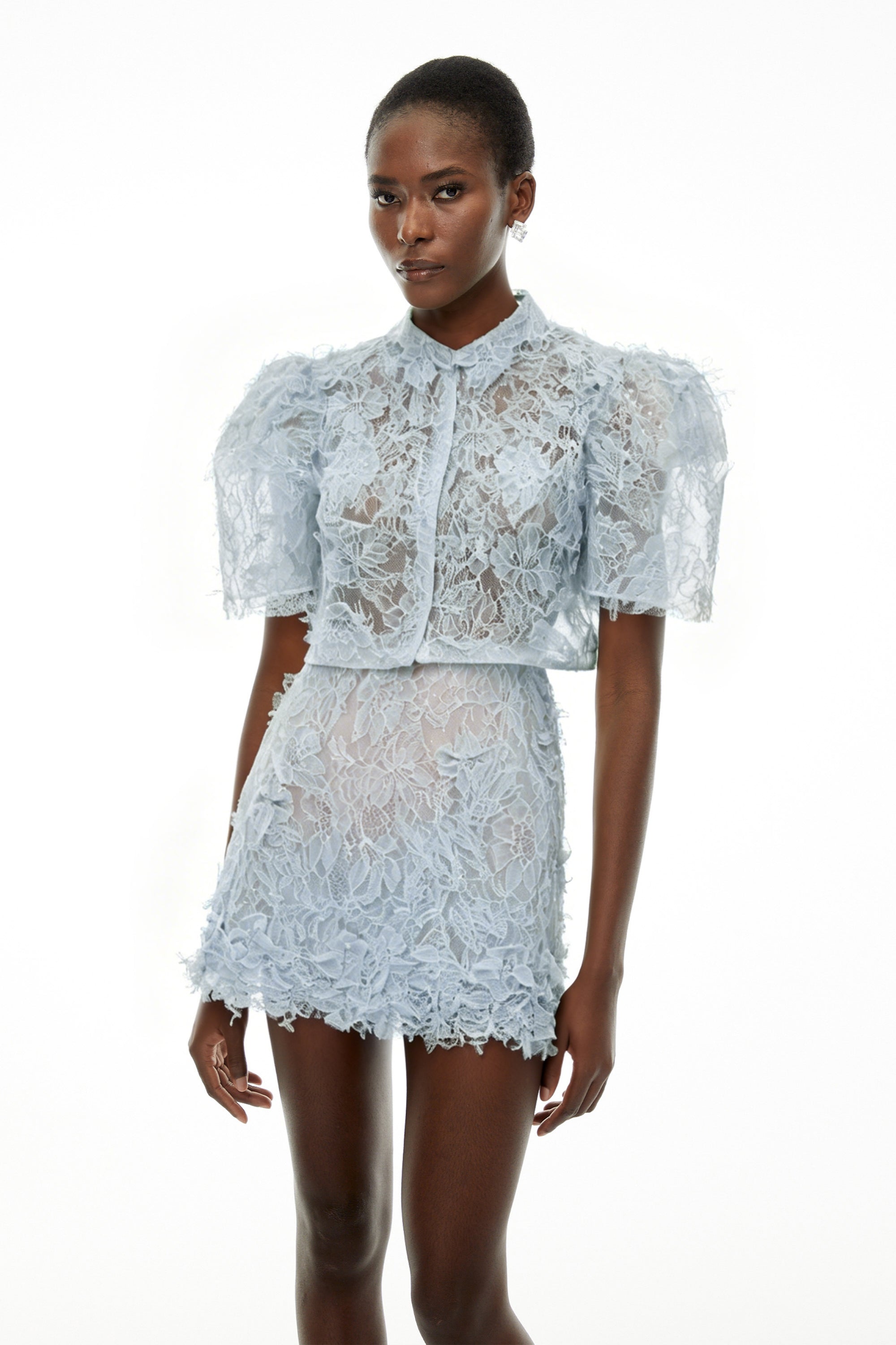 Light blue short-sleeve lace mini dress with a structured, collared overlay
