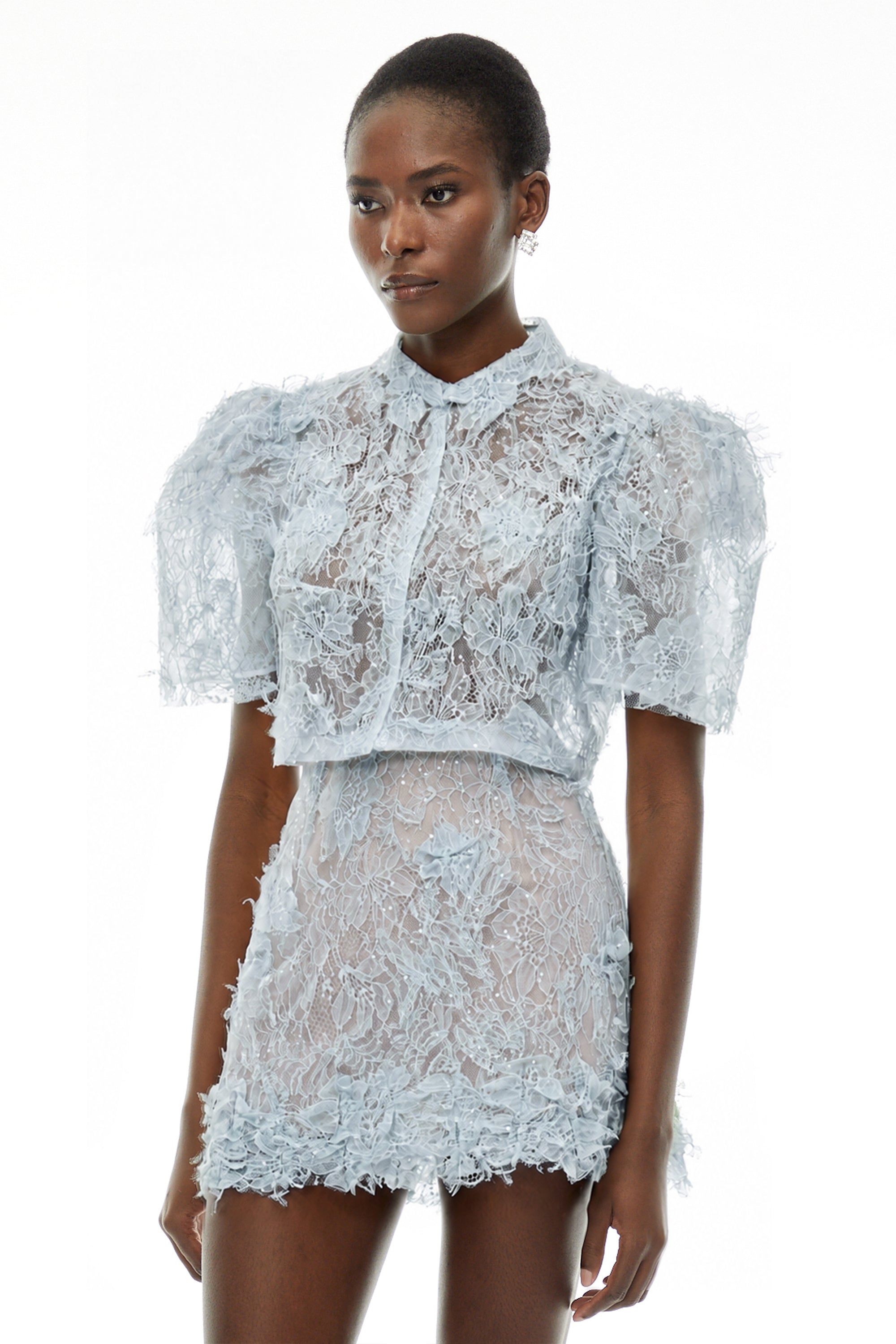 Light blue short-sleeve lace mini dress with a structured, collared overlay