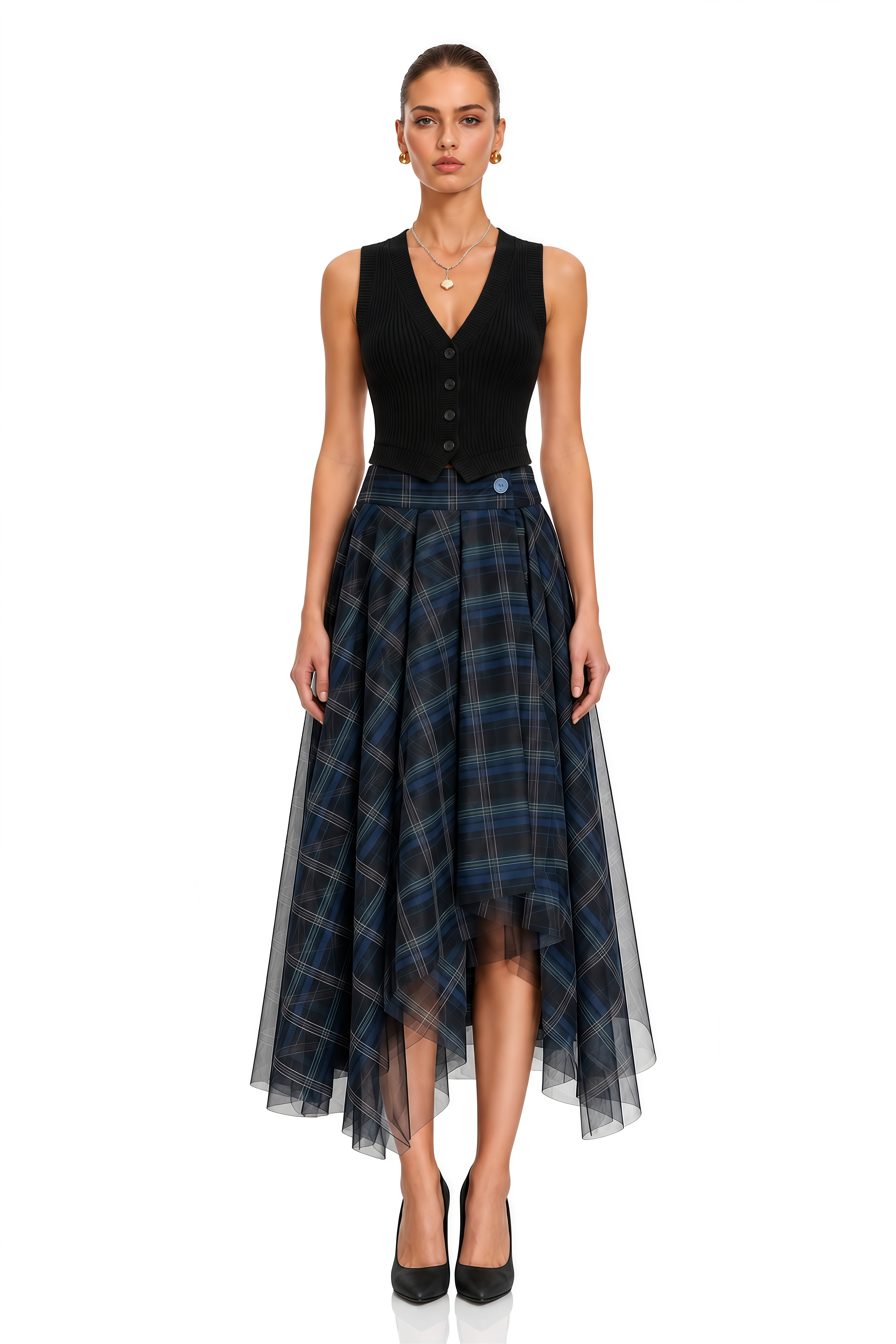 Naya Blue Plaid Asymmetrical Midi Skirt