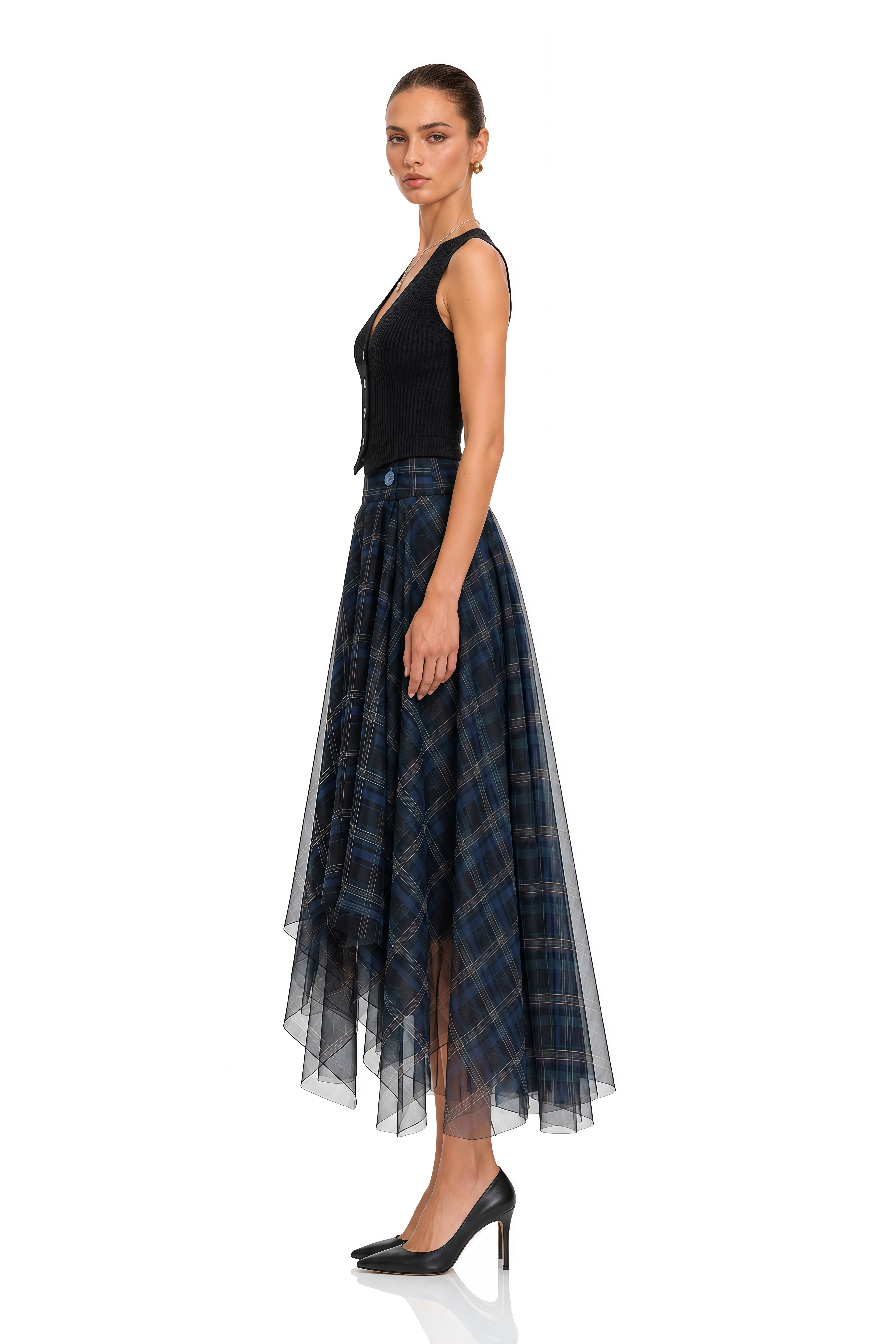 Naya Blue Plaid Asymmetrical Midi Skirt