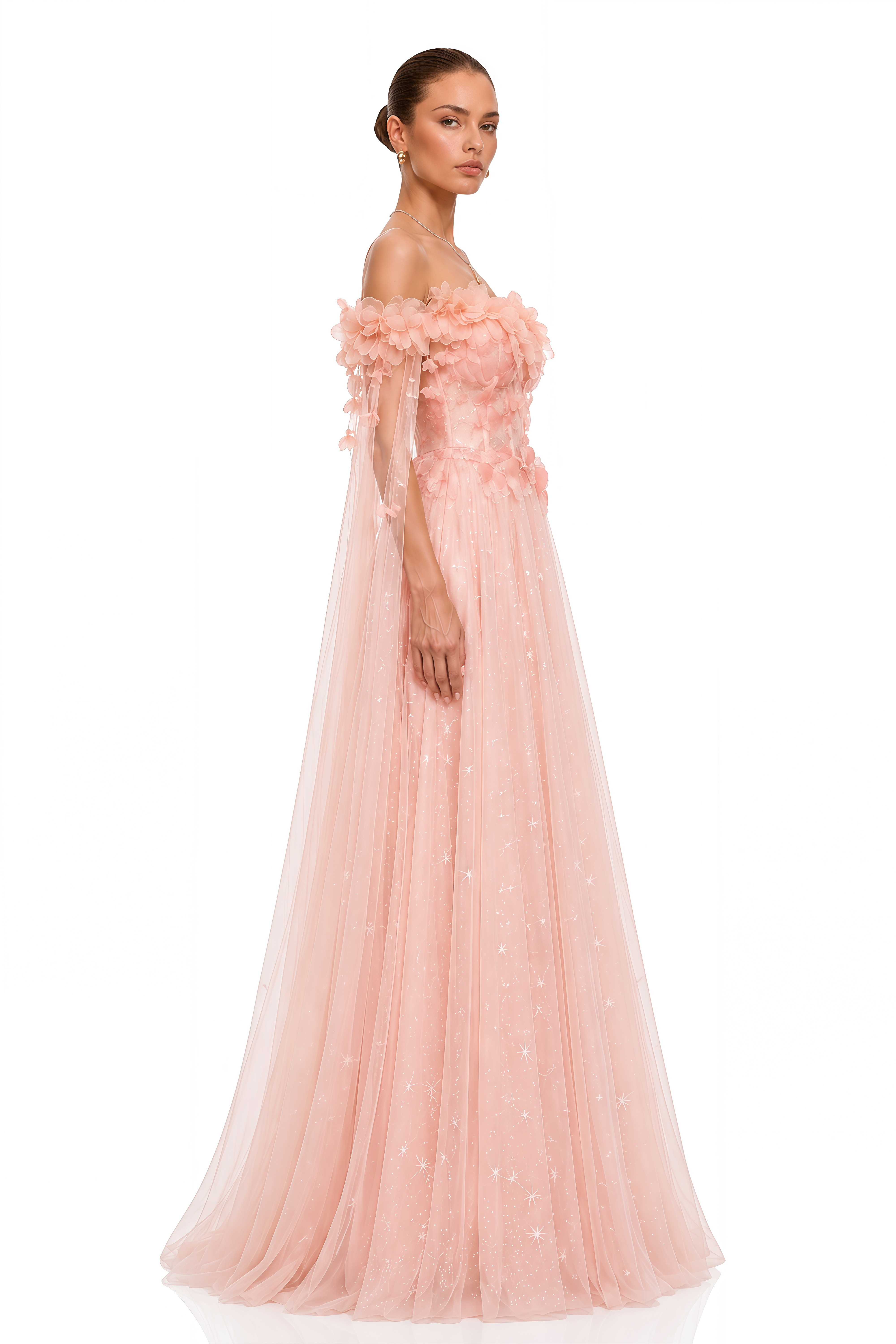 Naylah Pink Floral Applique Off Shoulder Tulle Maxi Dress