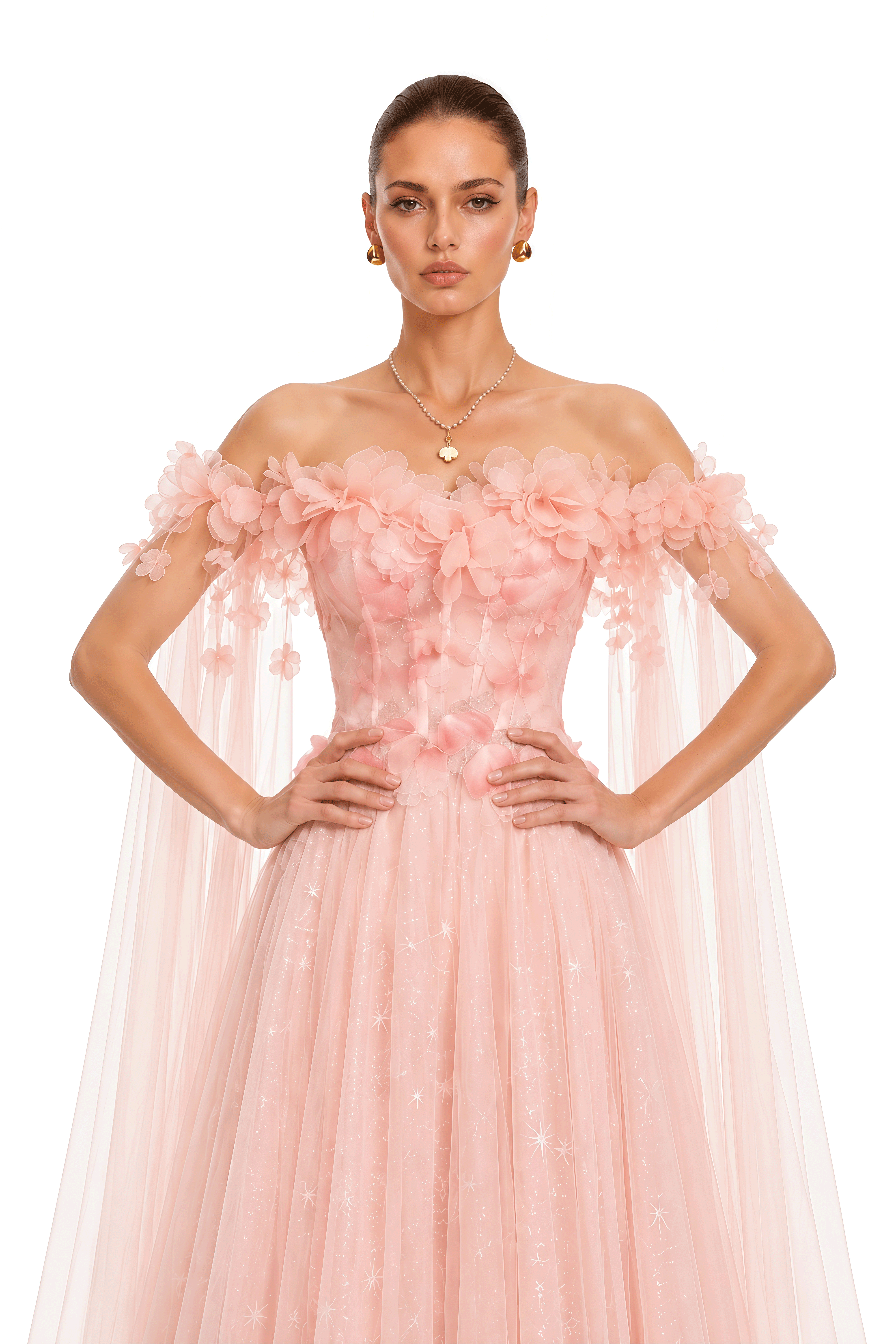 Naylah Pink Floral Applique Off Shoulder Tulle Maxi Dress