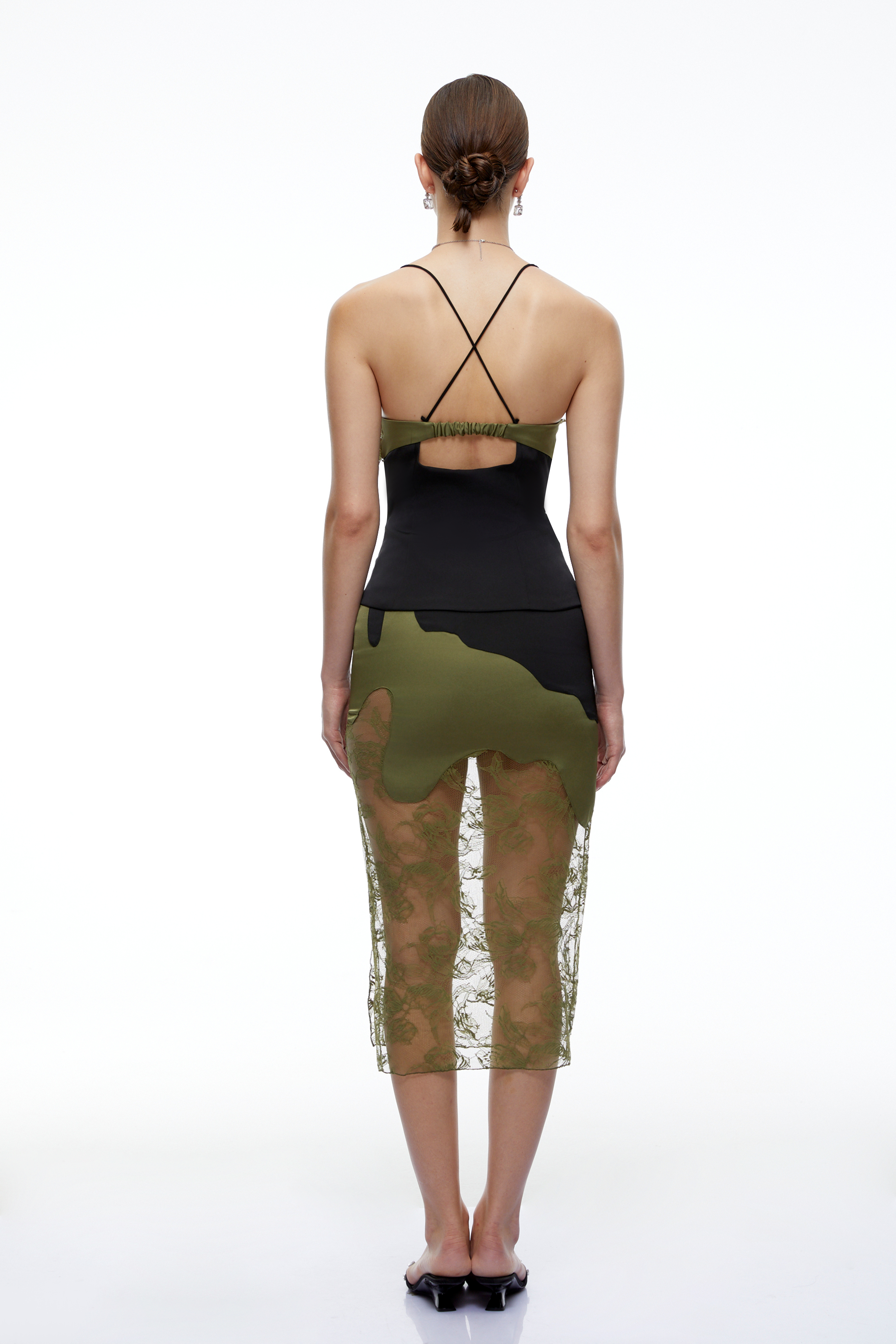 Naylani Olive Green Lace Spaghetti Strap Top & Skirt Set