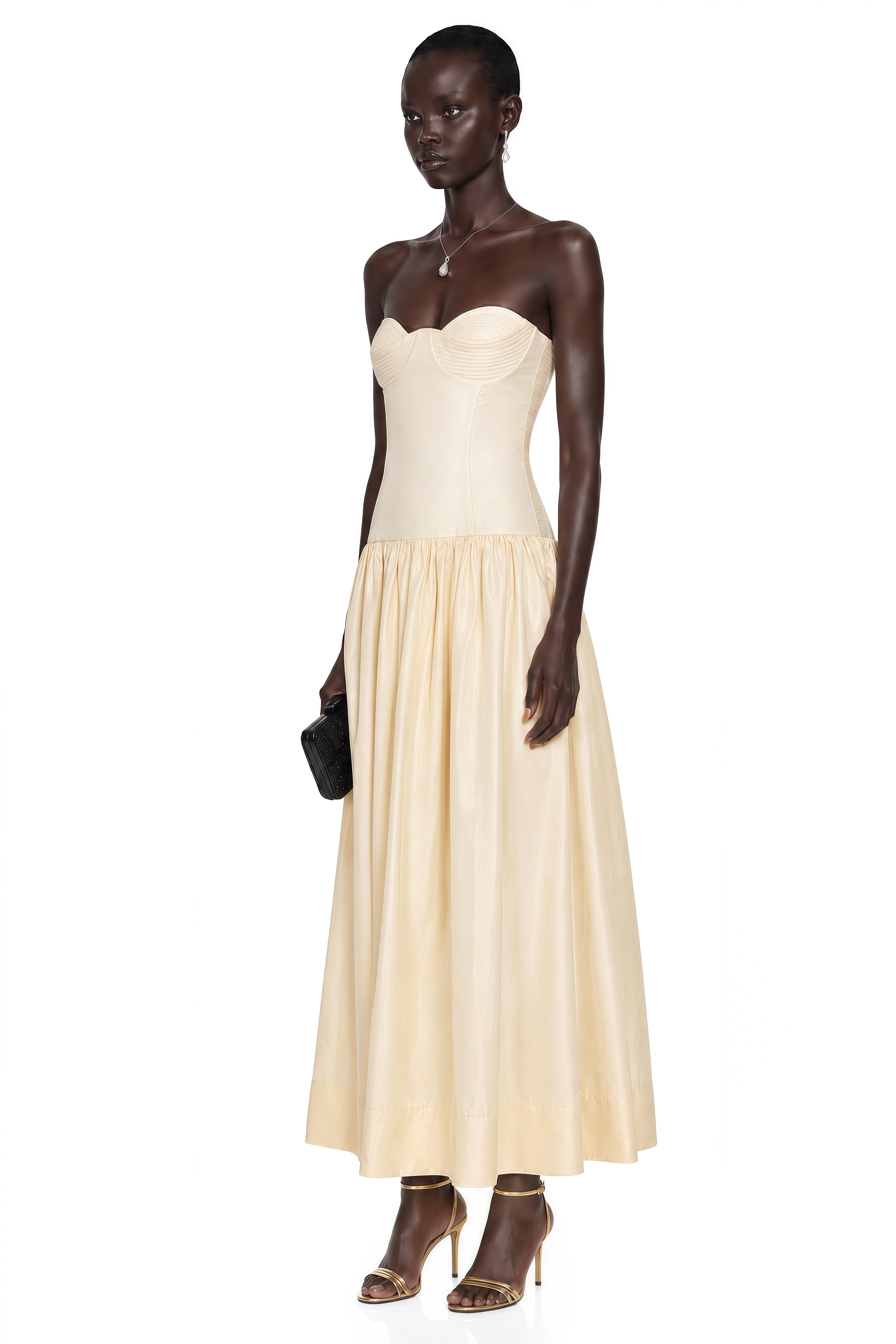 Cream strapless midi dress with a sweetheart corset bodice and a gathered satin skirt