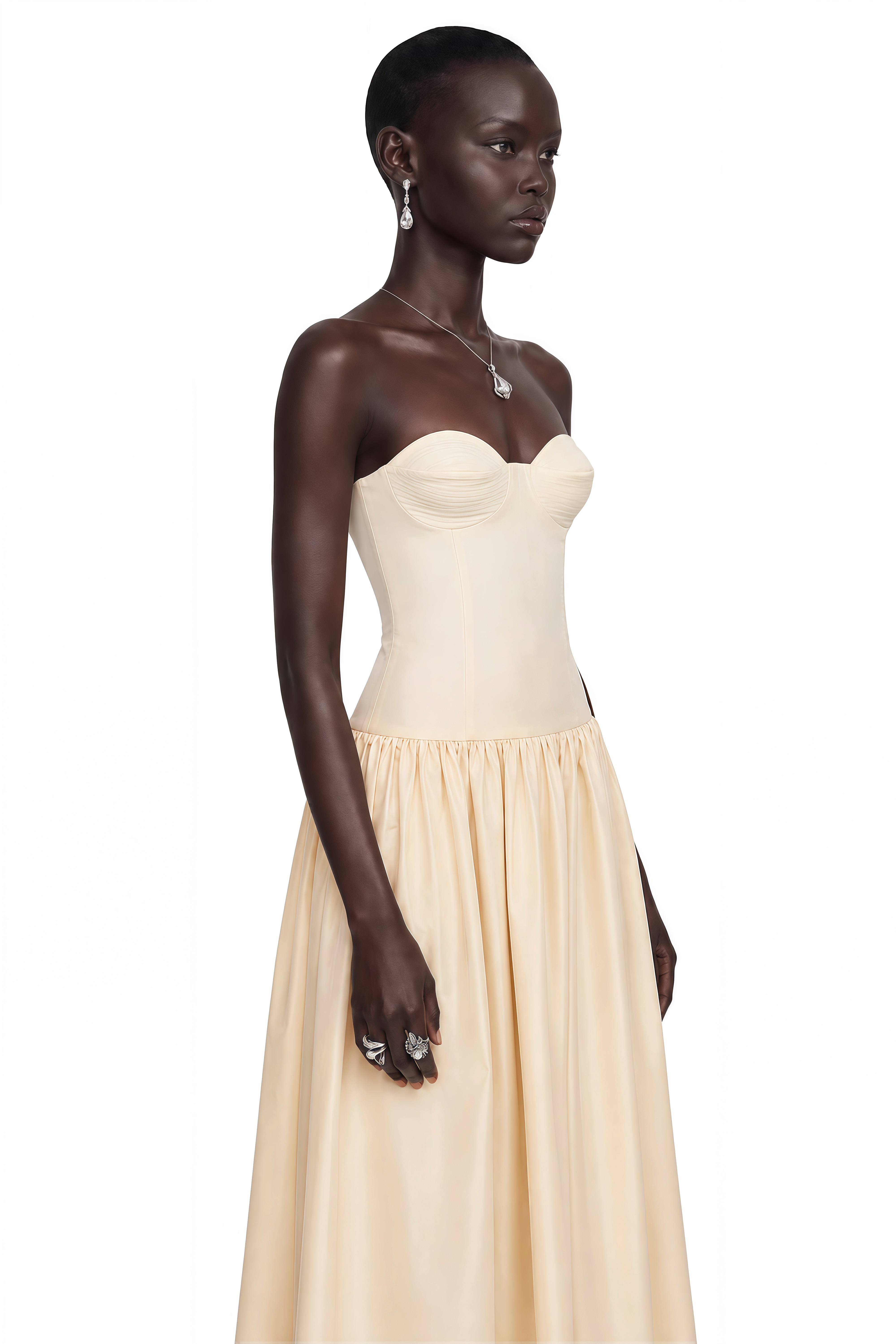 Cream strapless midi dress with a sweetheart corset bodice and a gathered satin skirt
