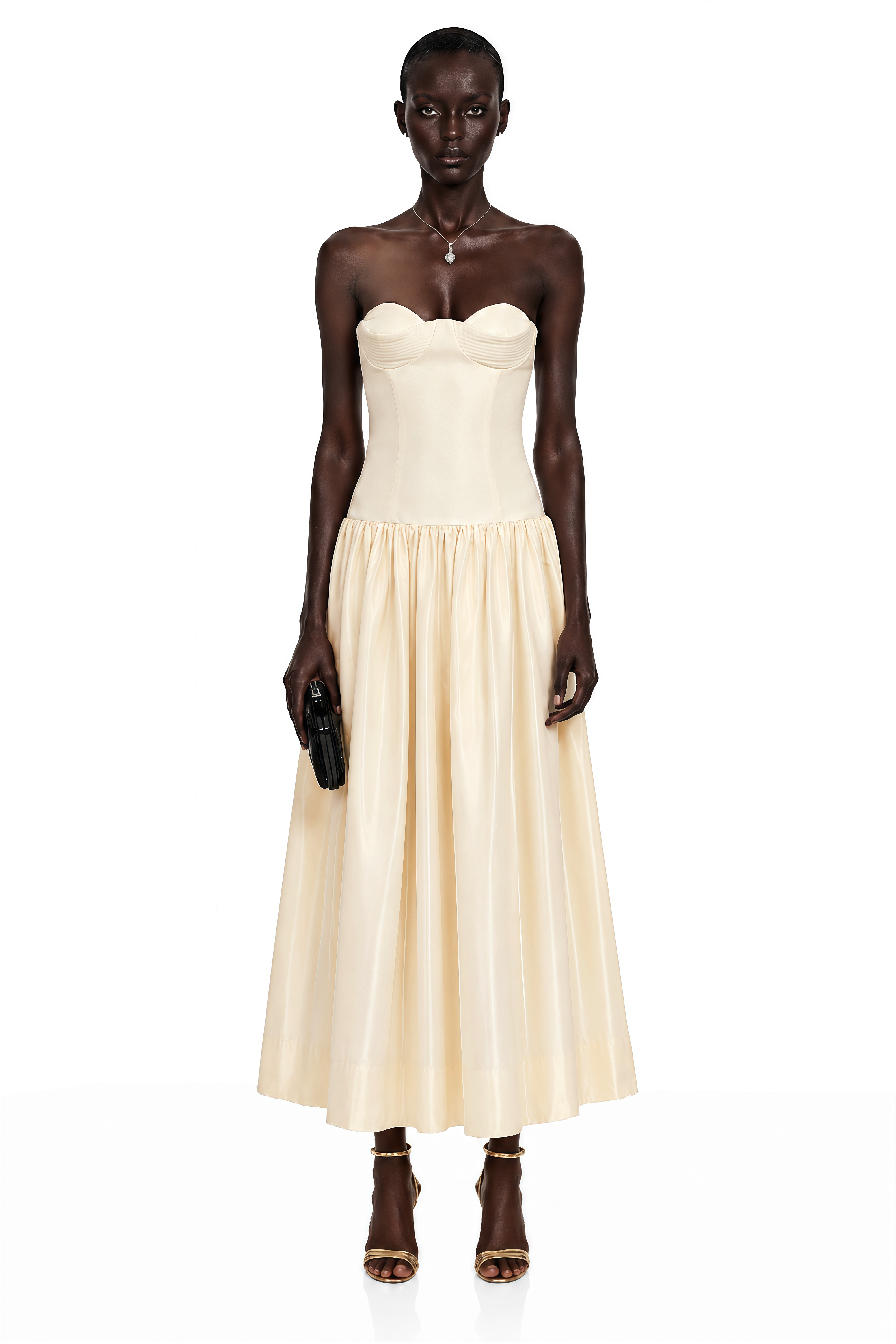 Cream strapless midi dress with a sweetheart corset bodice and a gathered satin skirt