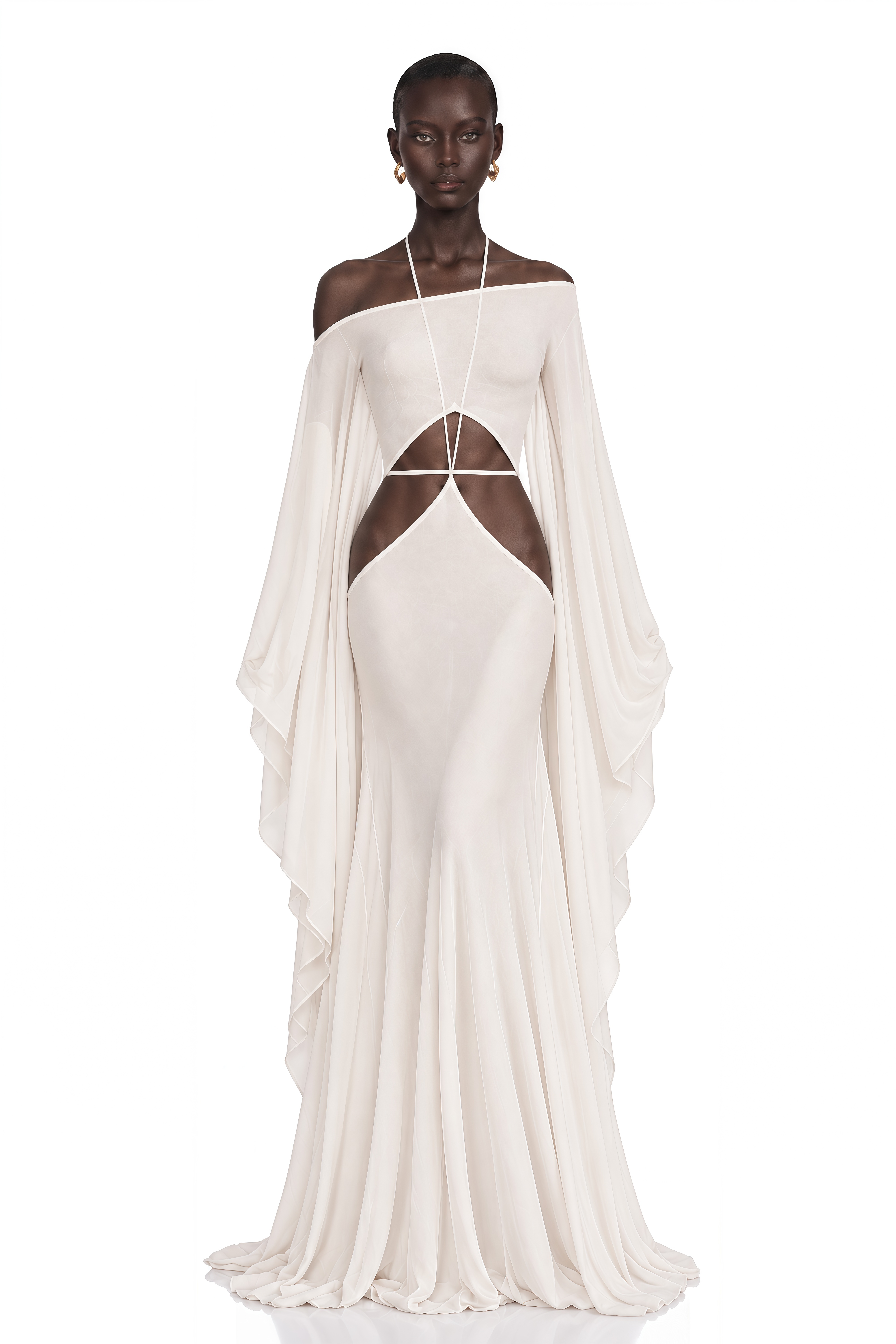 Neila White Off Shoulder Cut-Out Flared Sleeve Maxi Dress