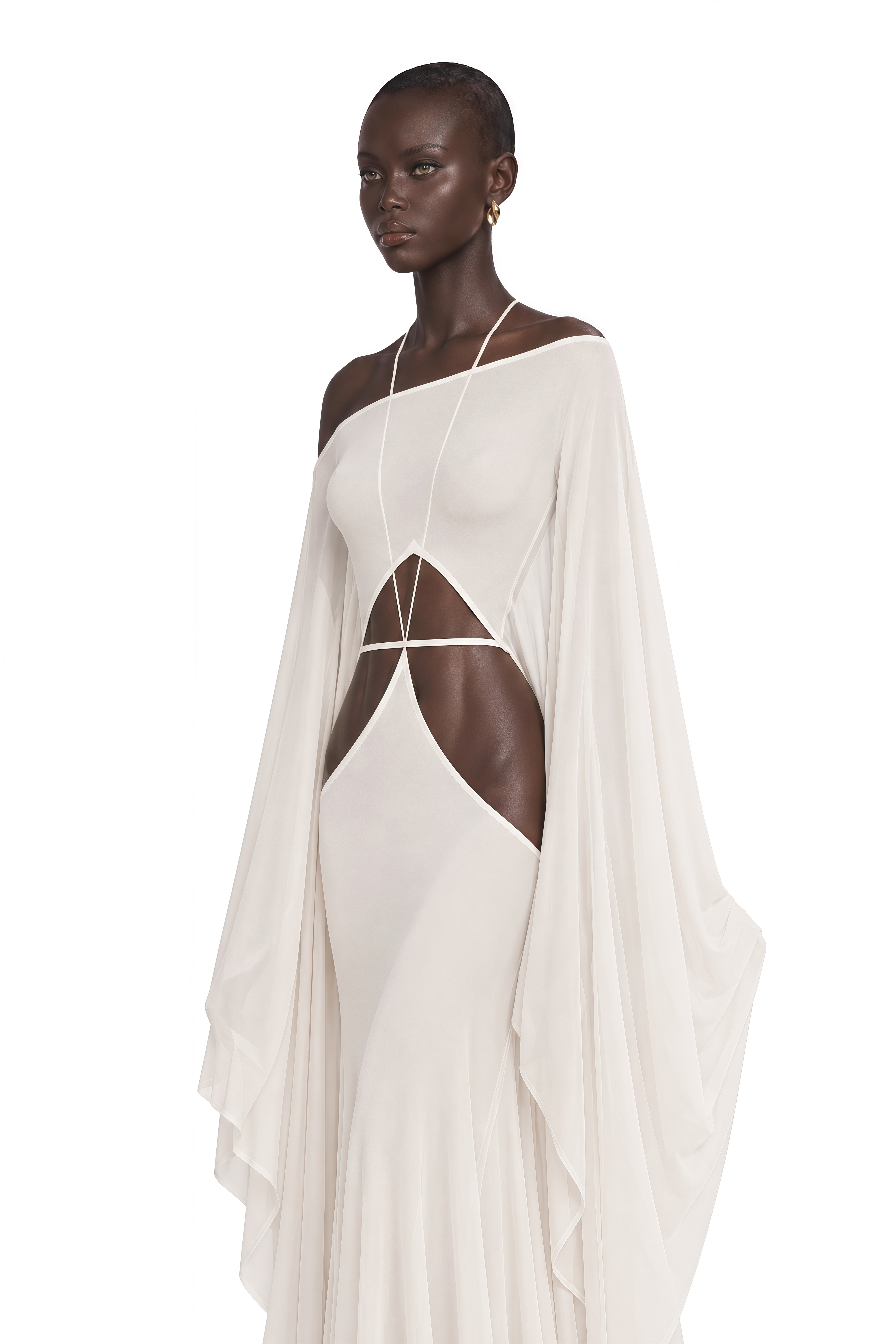 Neila White Off Shoulder Cut-Out Flared Sleeve Maxi Dress