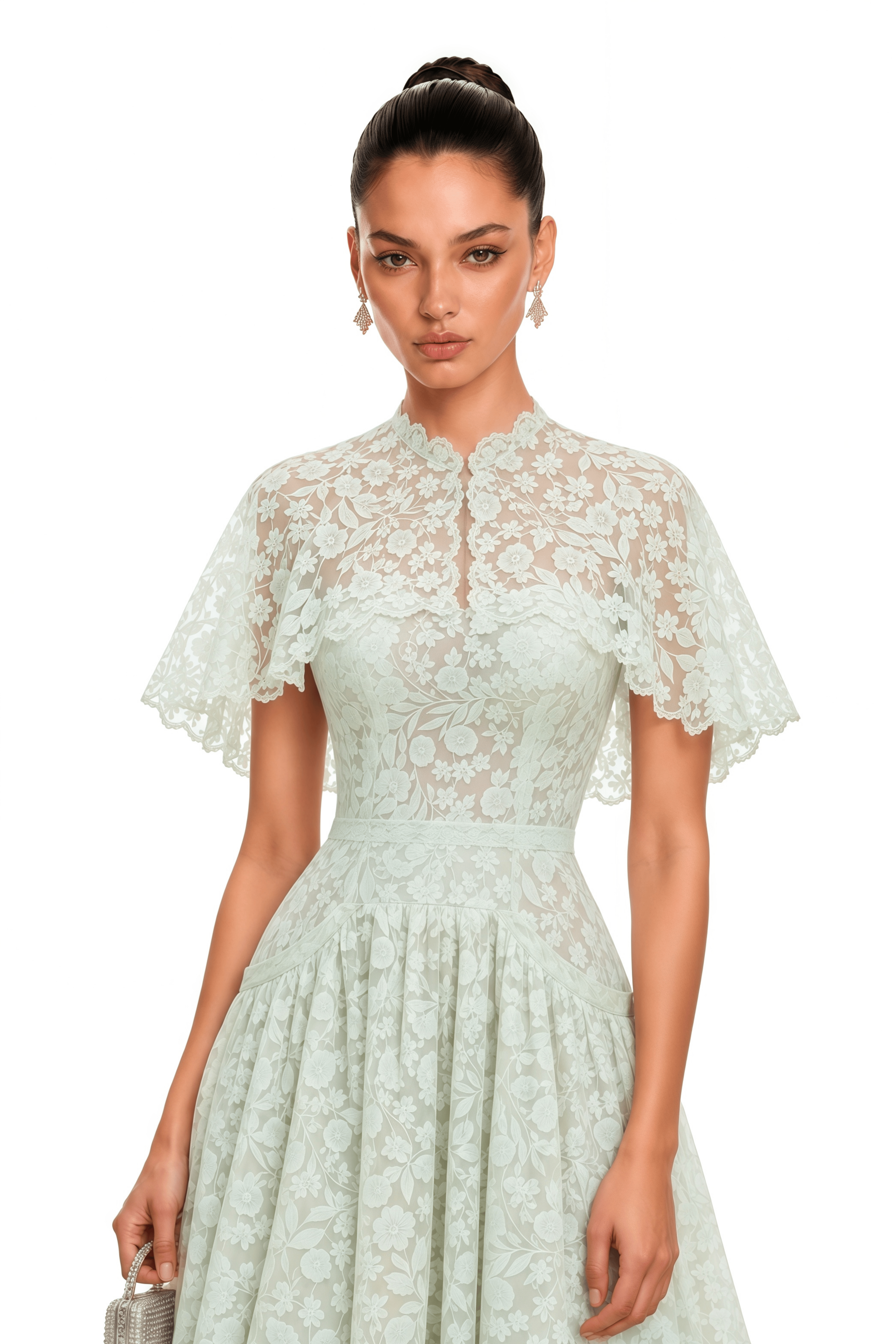 Nela Green Pleated Maxi Dress with Lace Cape