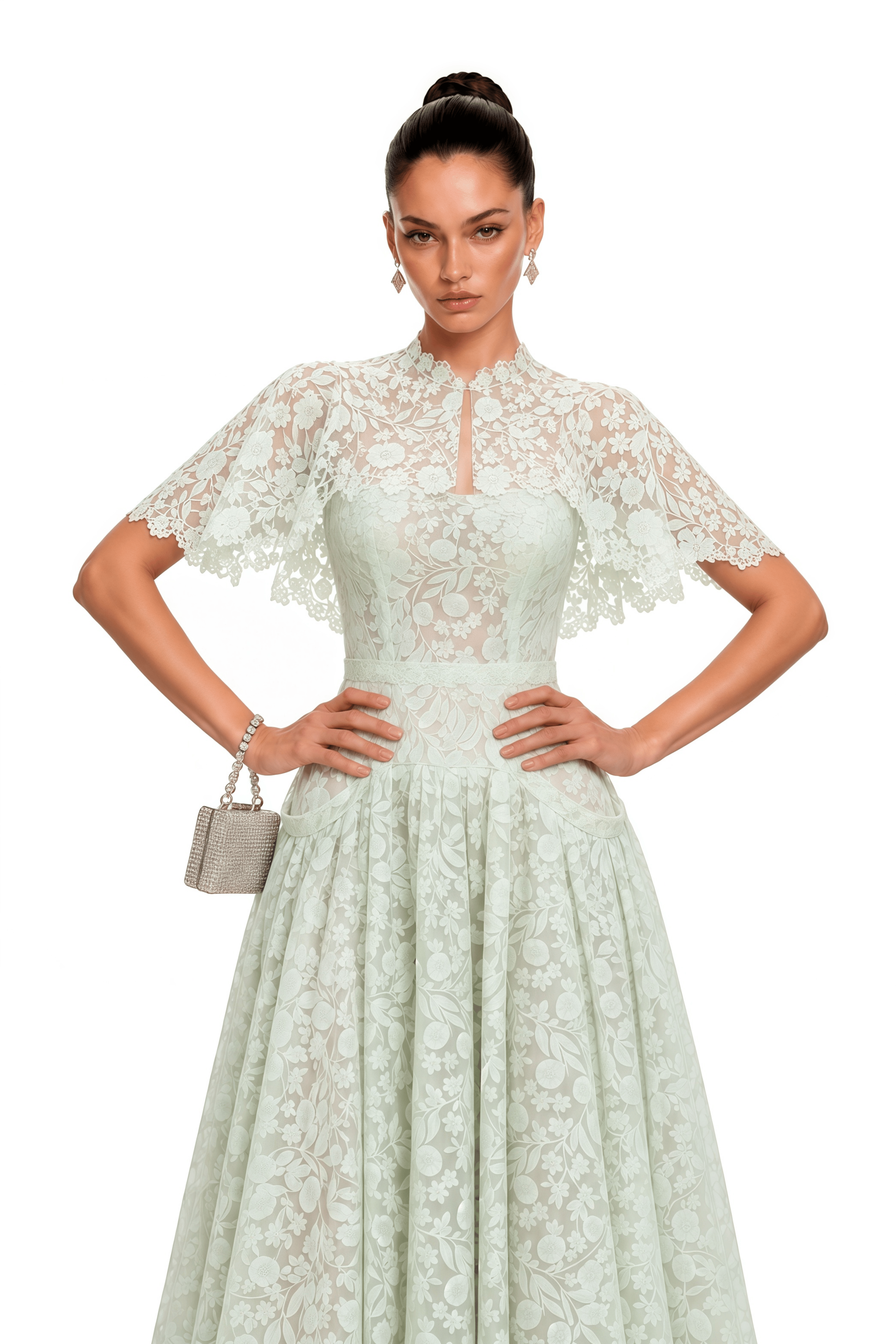 Nela Green Pleated Maxi Dress with Lace Cape