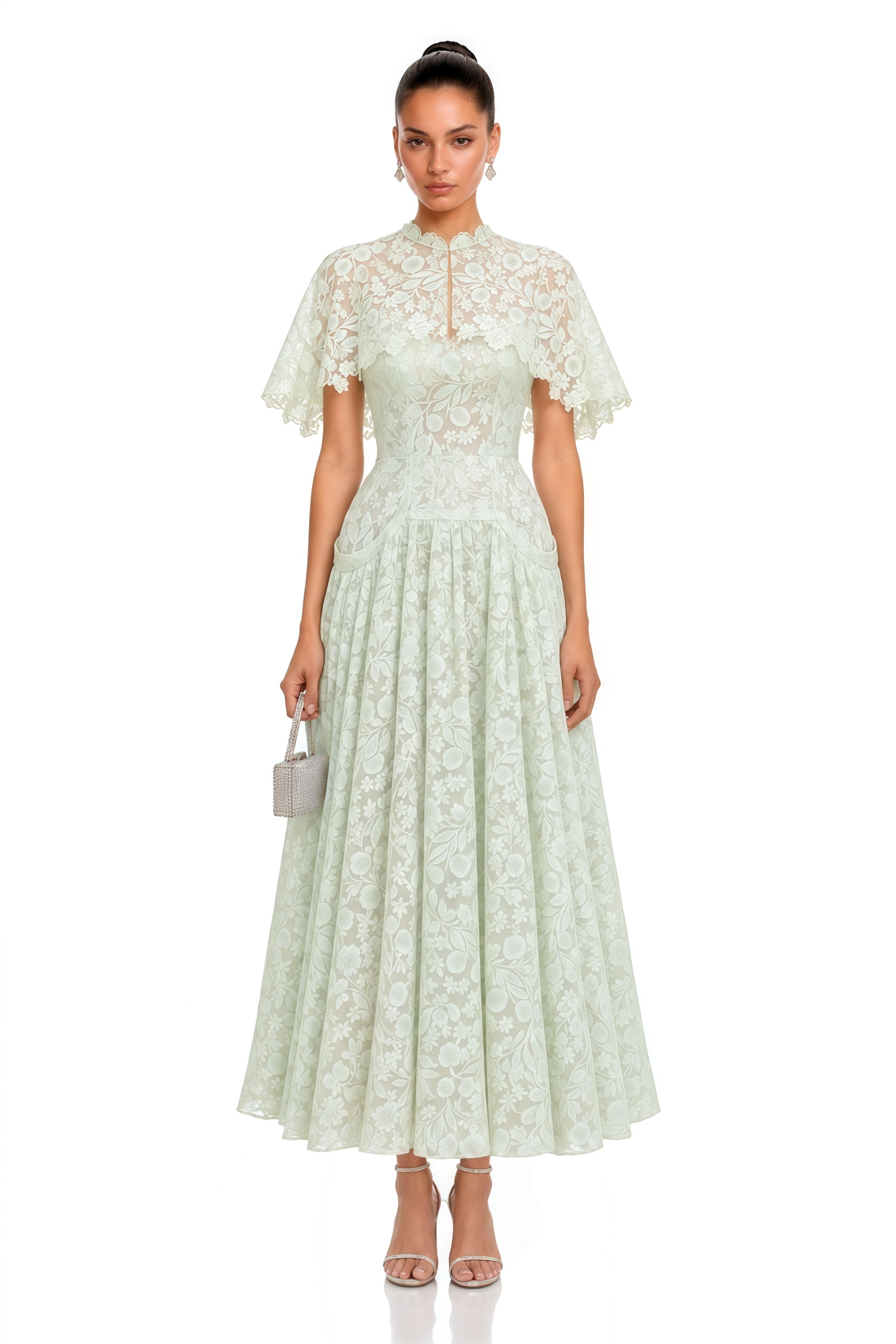 Nela Green Pleated Maxi Dress with Lace Cape