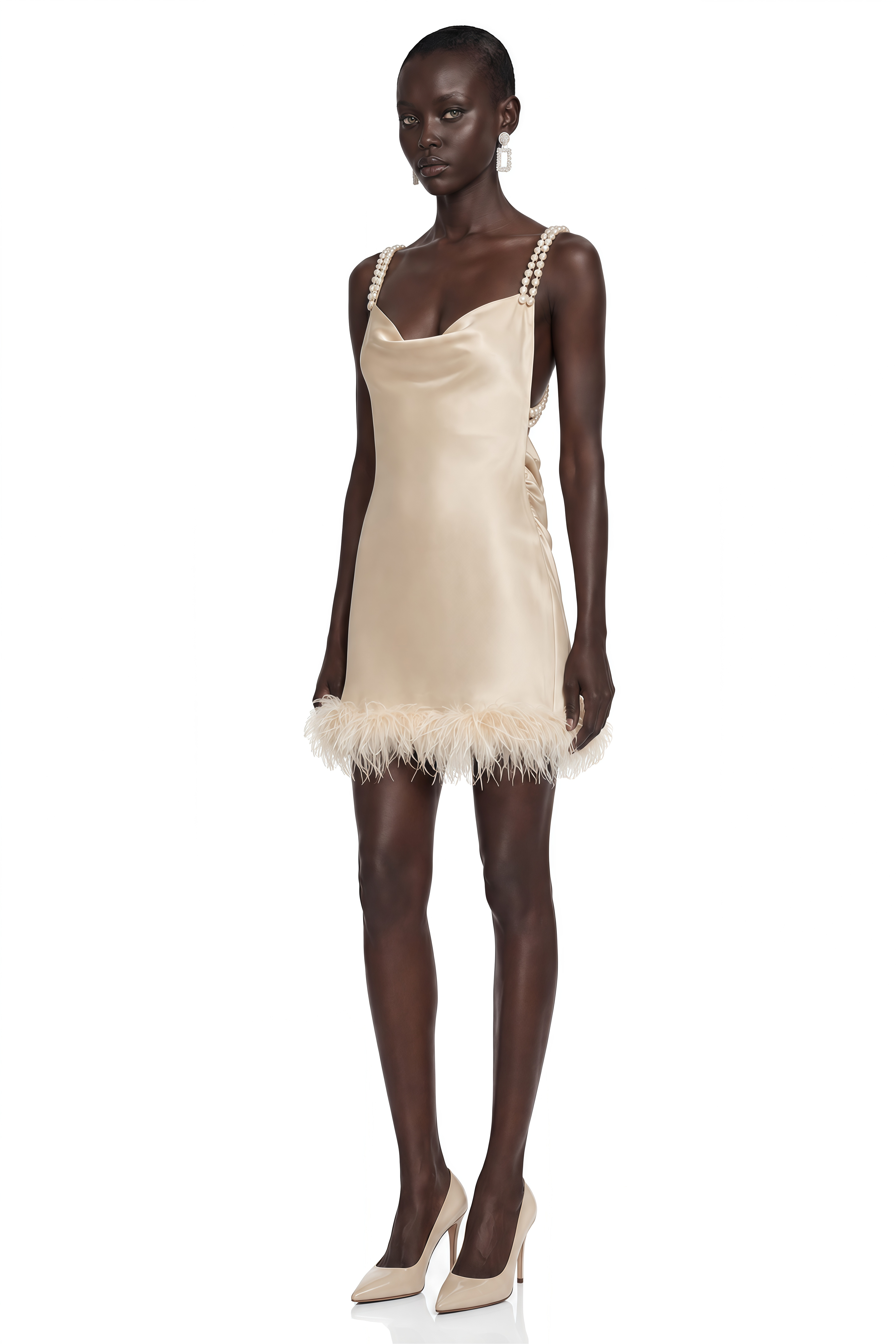 Nella Khaki Satin Pearl Strap Feather Trim Mini Dress