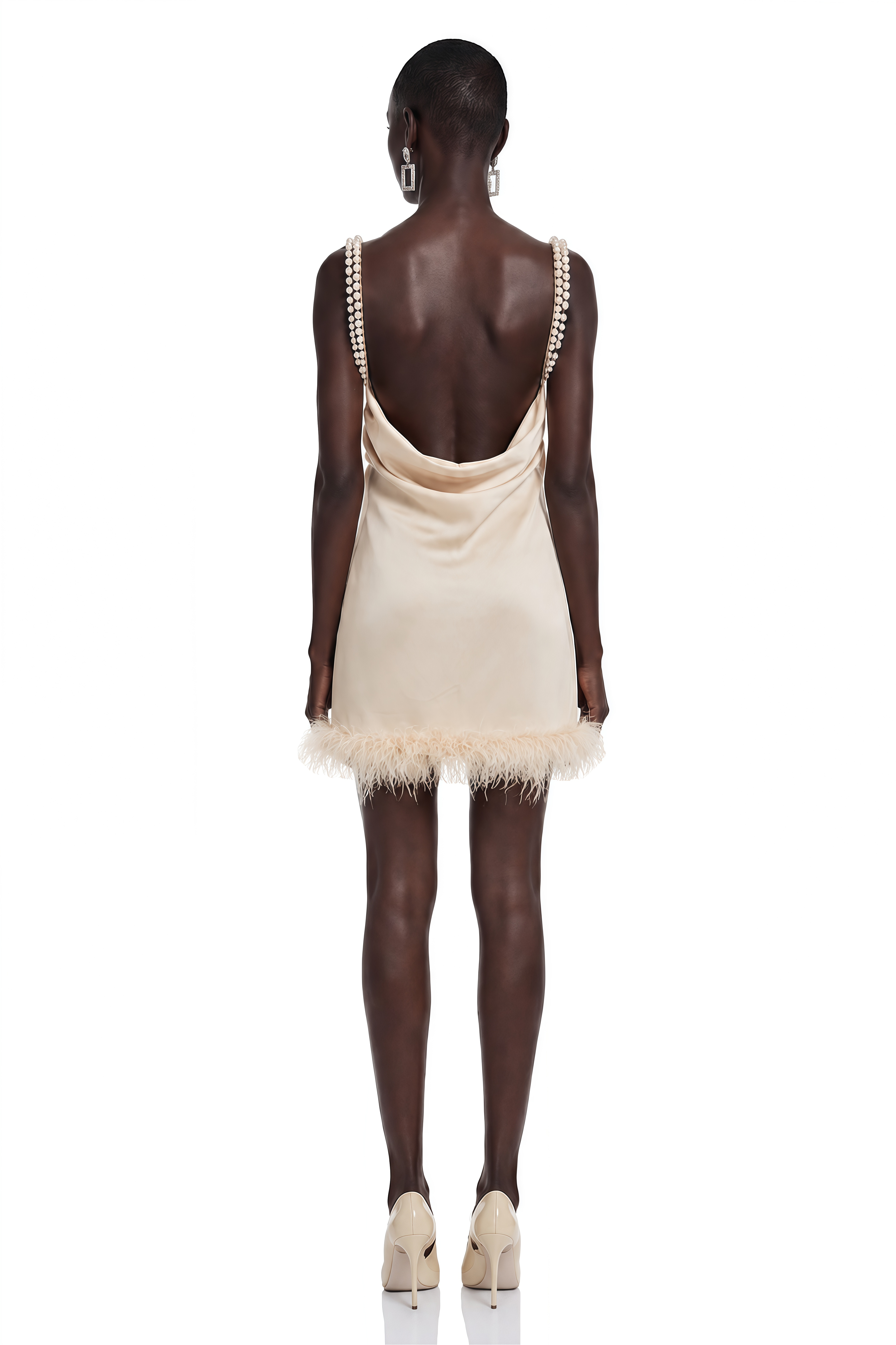 Nella Khaki Satin Pearl Strap Feather Trim Mini Dress