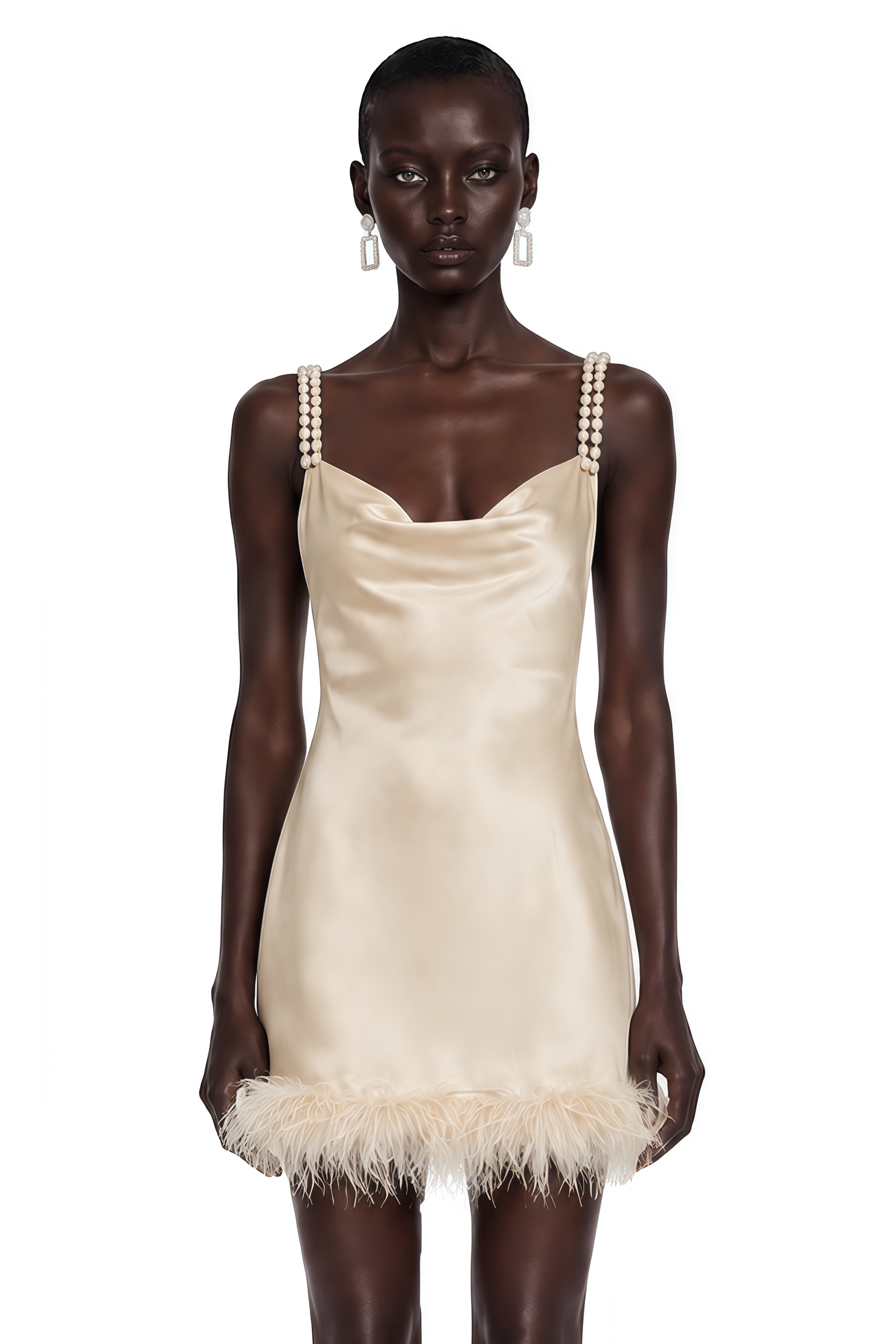 Nella Khaki Satin Pearl Strap Feather Trim Mini Dress