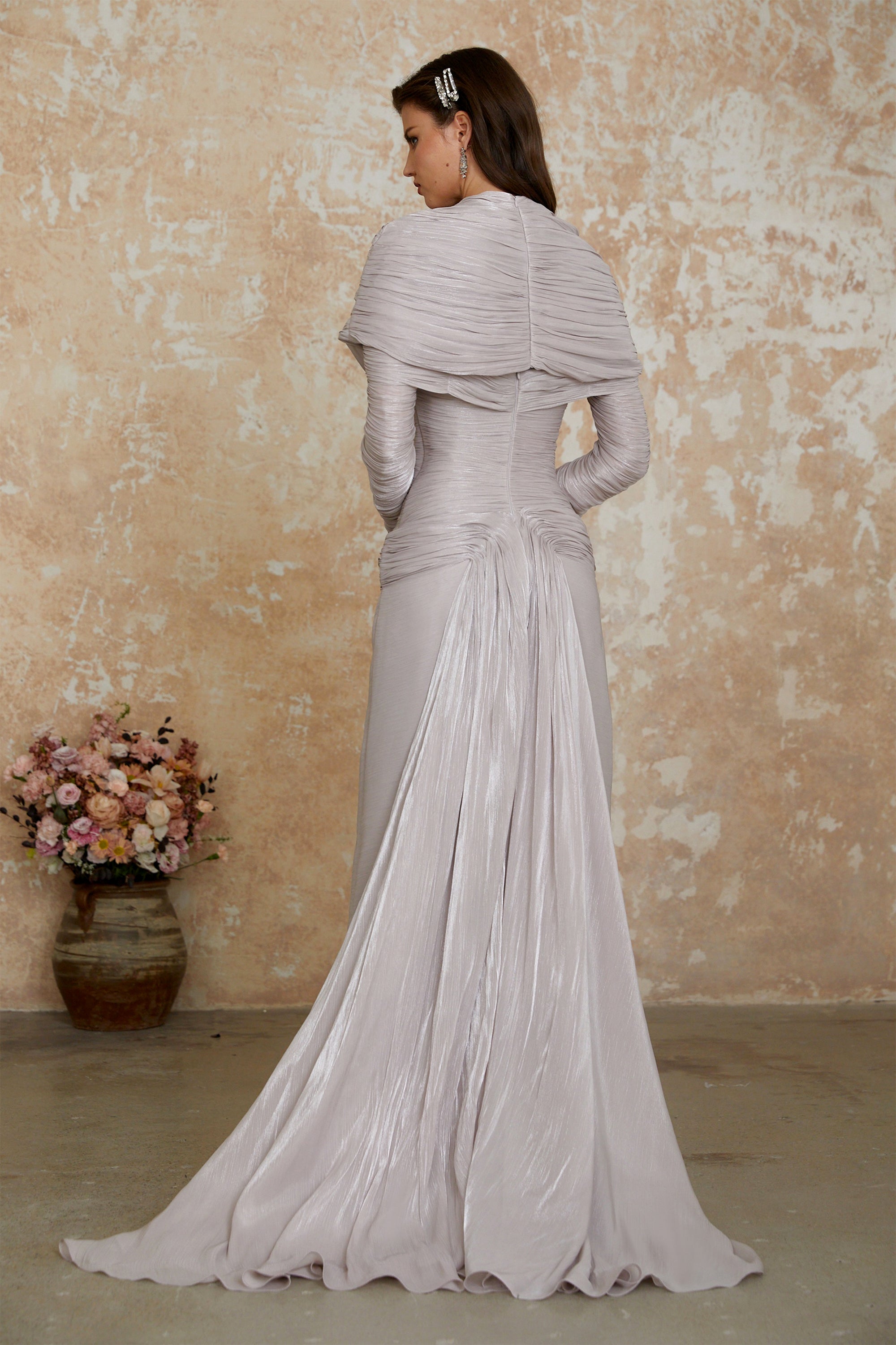 Cape Metallic Plissé Gown