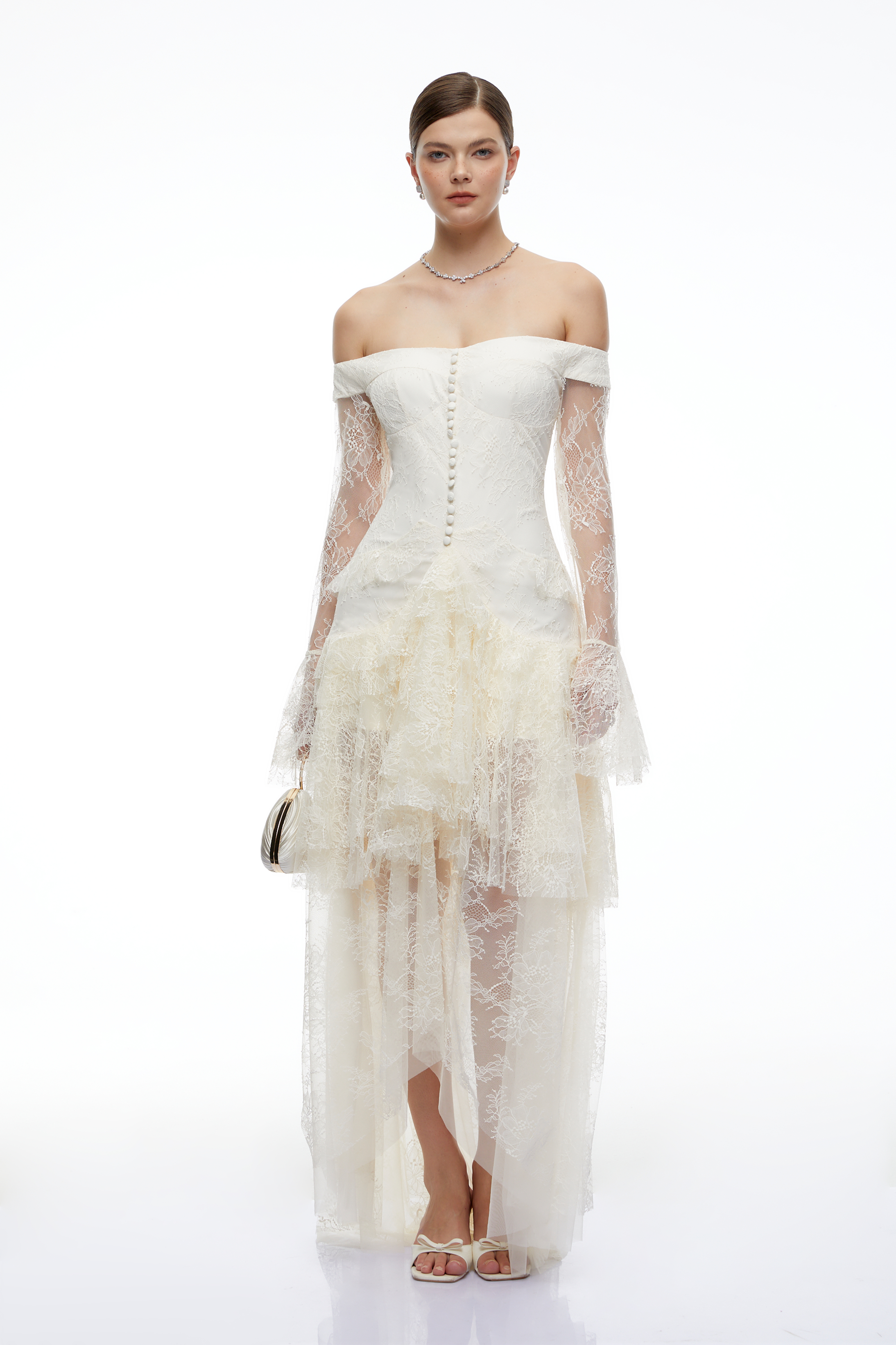 Nerine White Off-shoulder Ruffle Lace Maxi Dress