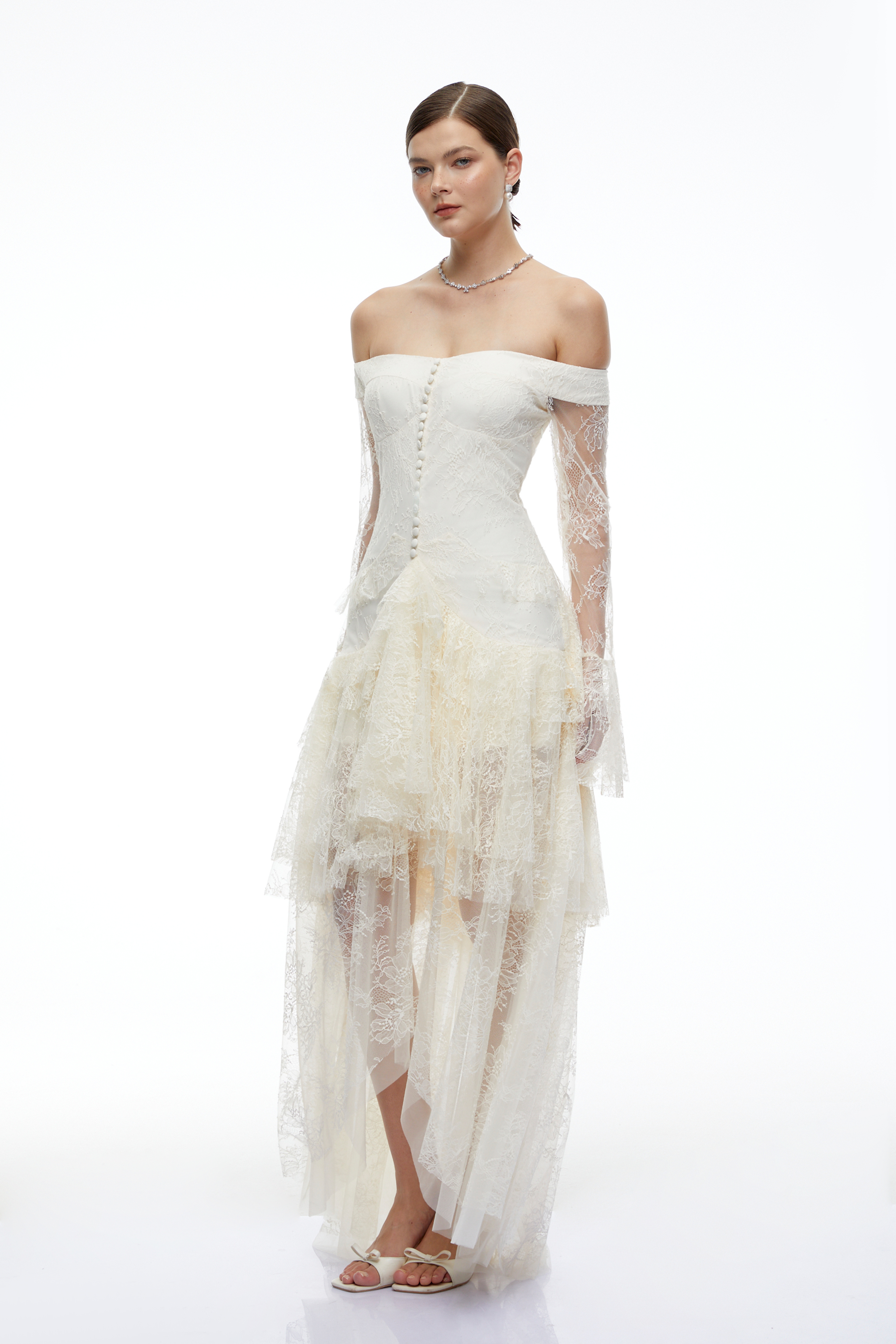 Nerine White Off-shoulder Ruffle Lace Maxi Dress