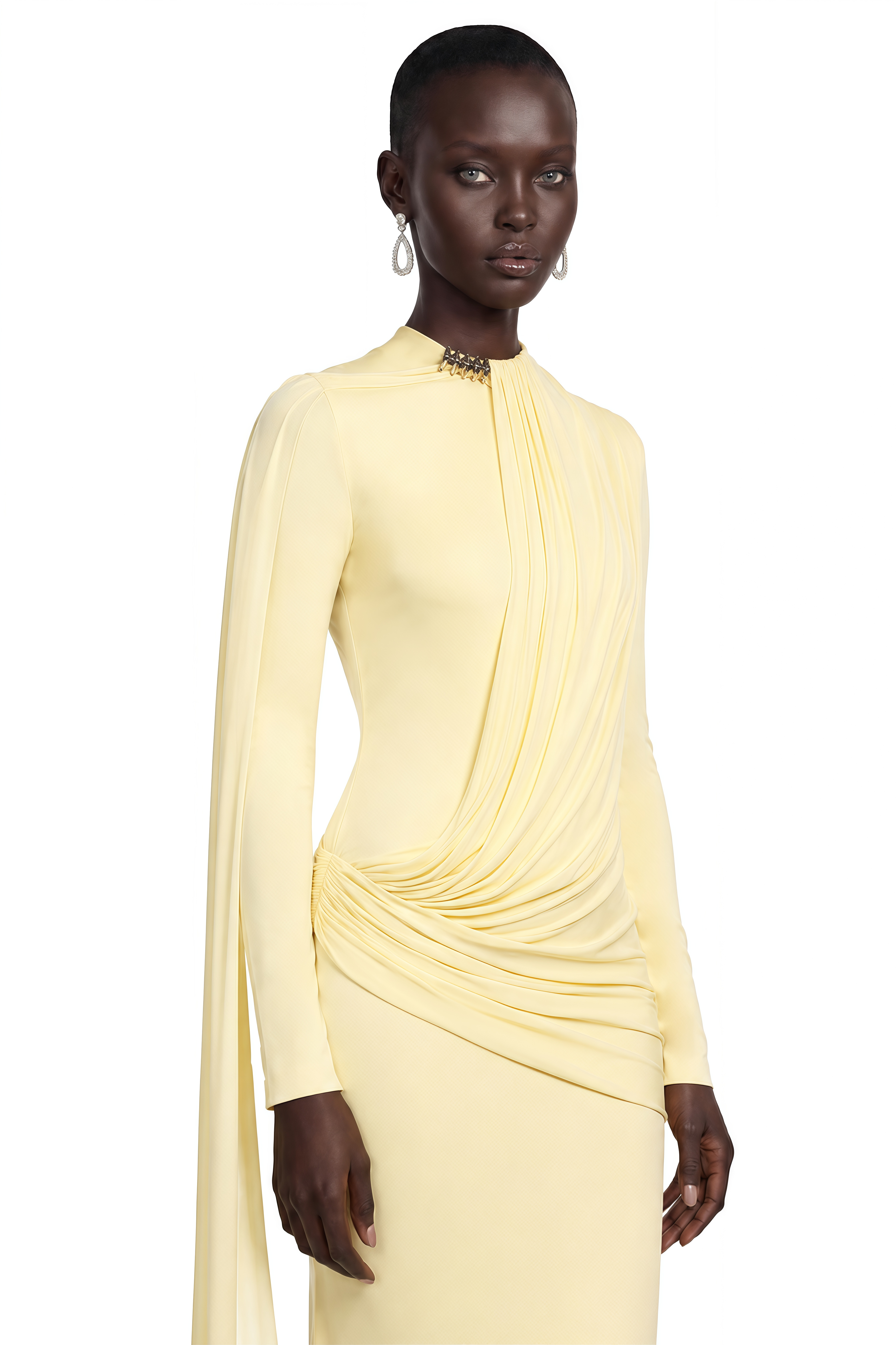 Nevaeh Yellow High Neck Draped Long Sleeve Maxi Dress