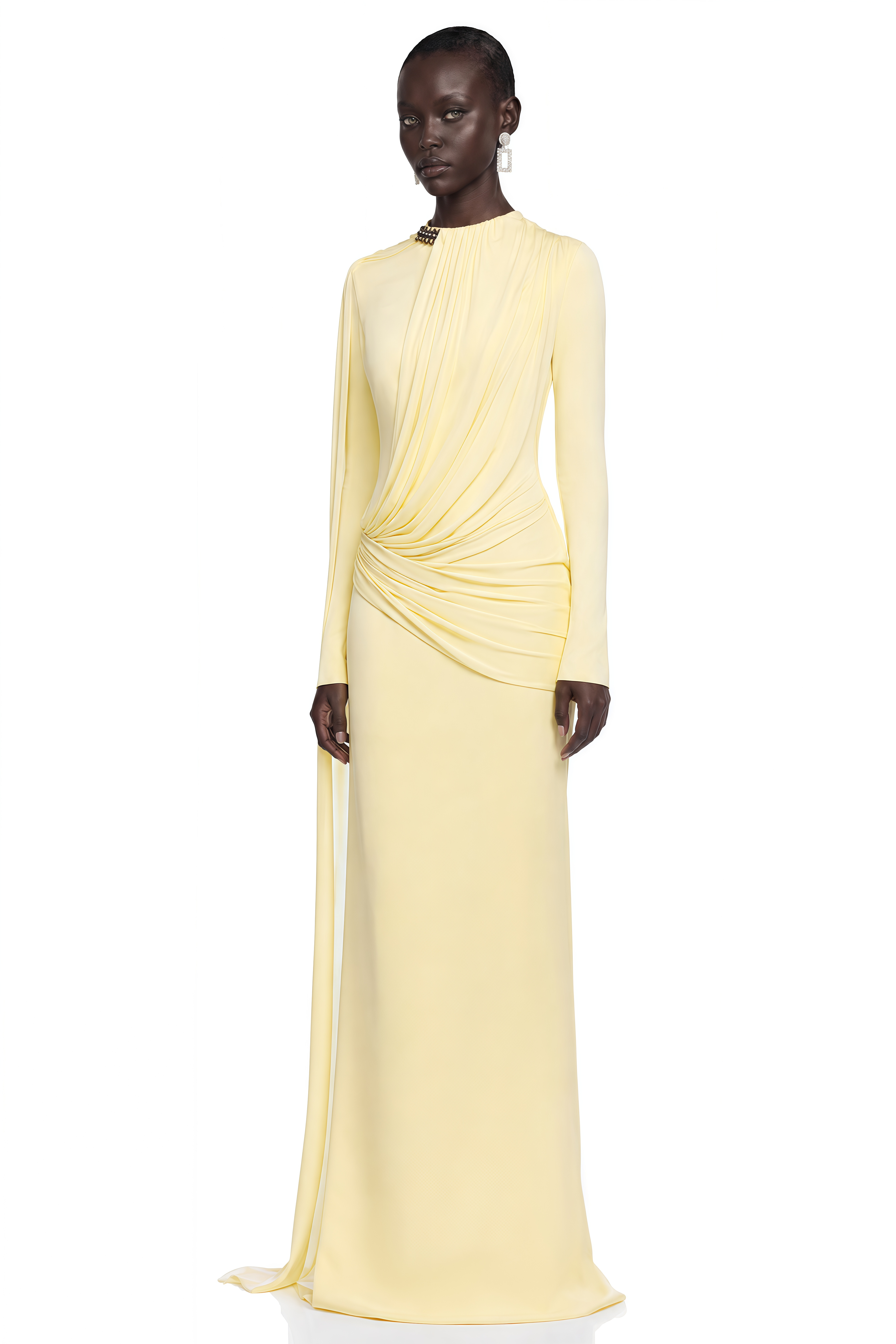 Nevaeh Yellow High Neck Draped Long Sleeve Maxi Dress