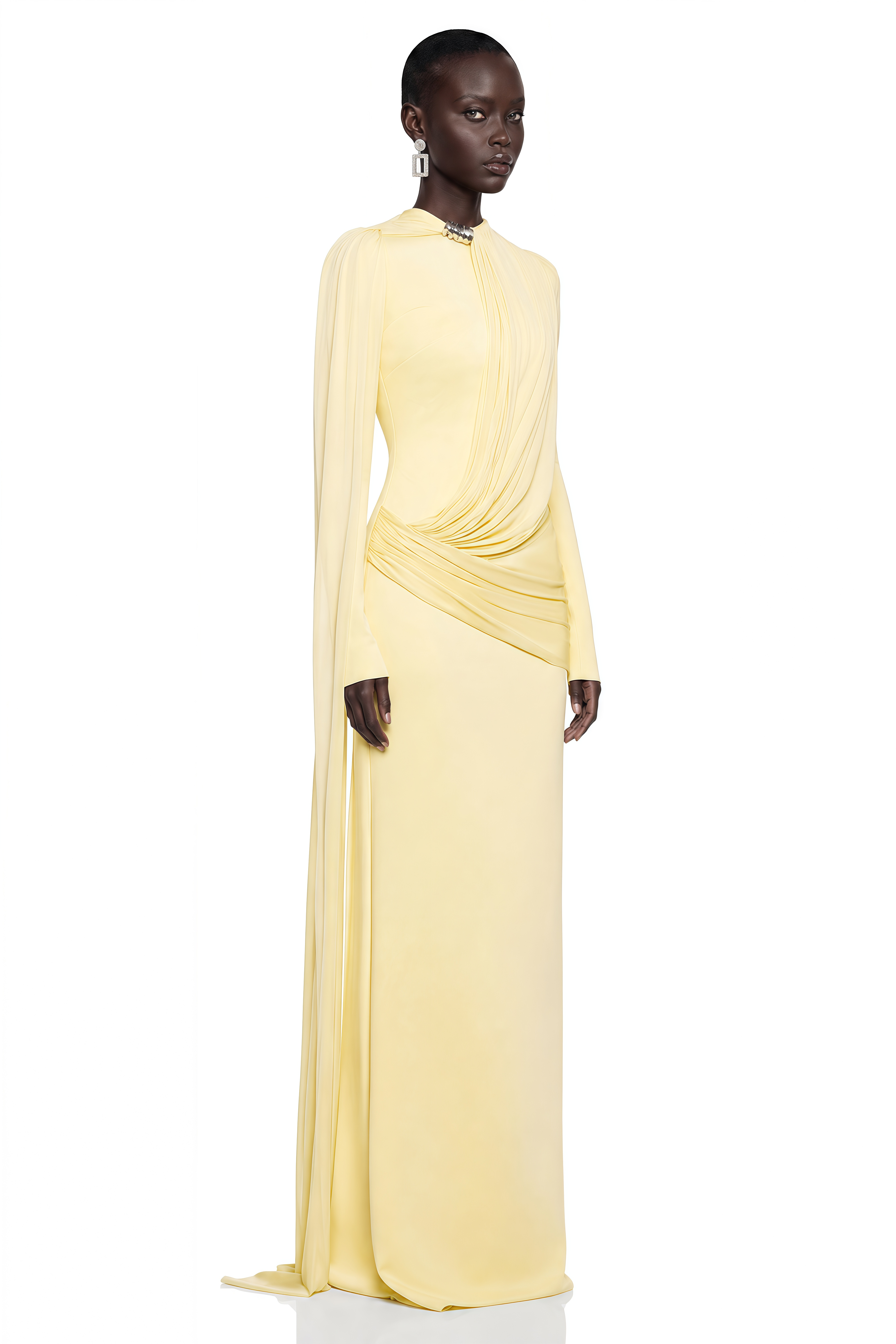 Nevaeh Yellow High Neck Draped Long Sleeve Maxi Dress