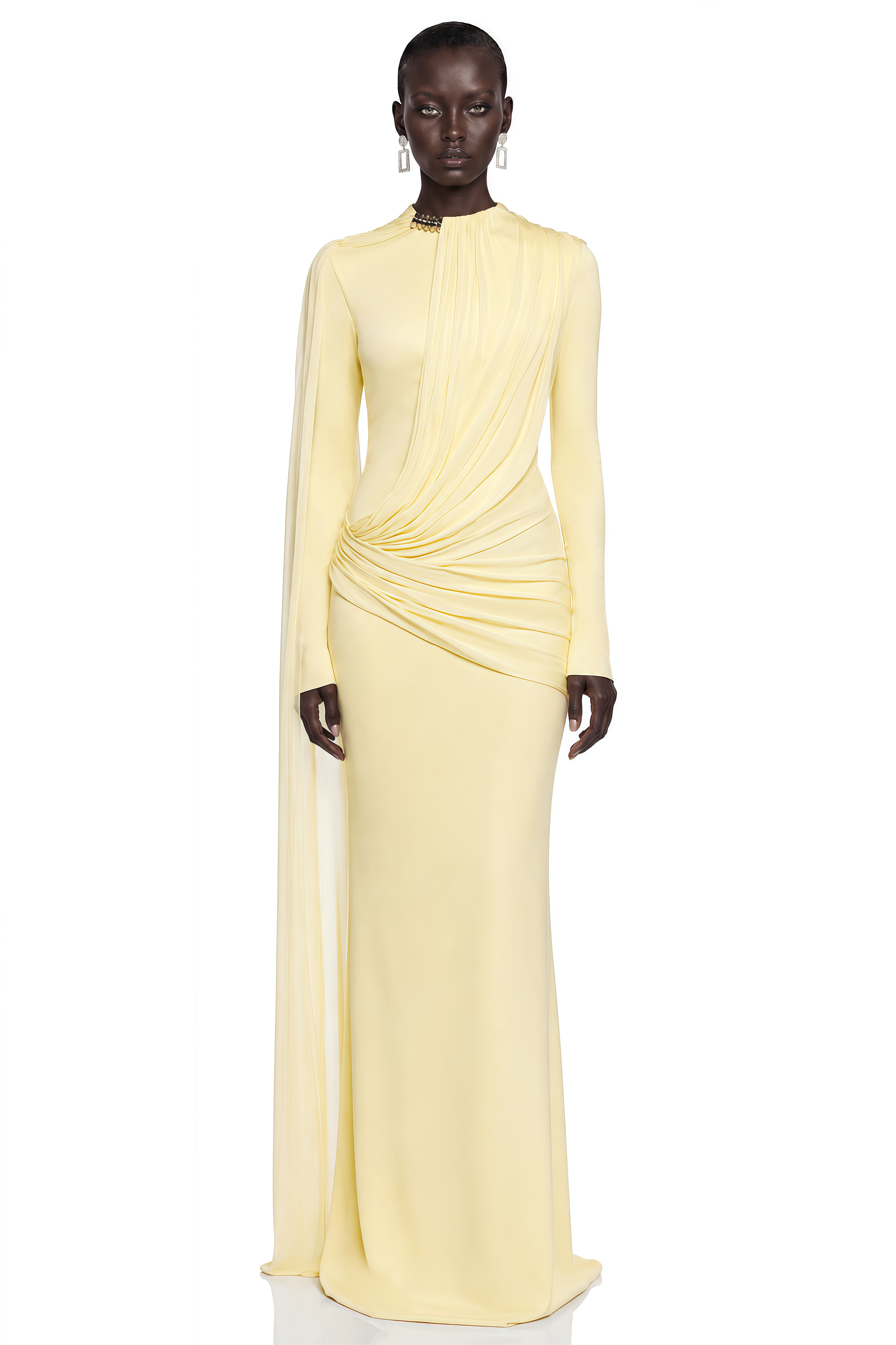 Nevaeh Yellow High Neck Draped Long Sleeve Maxi Dress