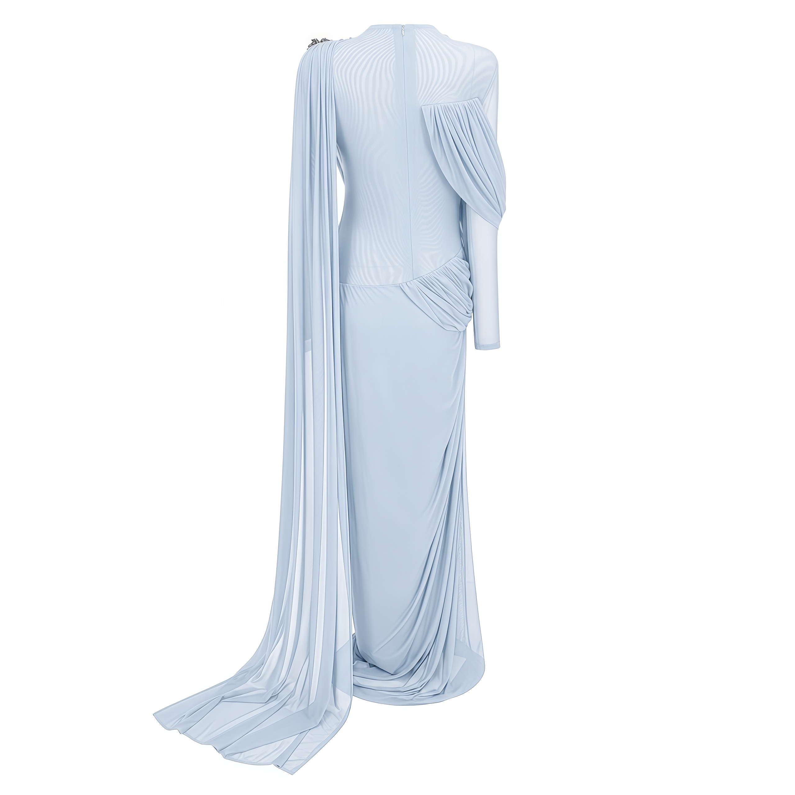 Light blue high-neck draped maxi dress with sheer sleeves and a shoulder cape overlay
