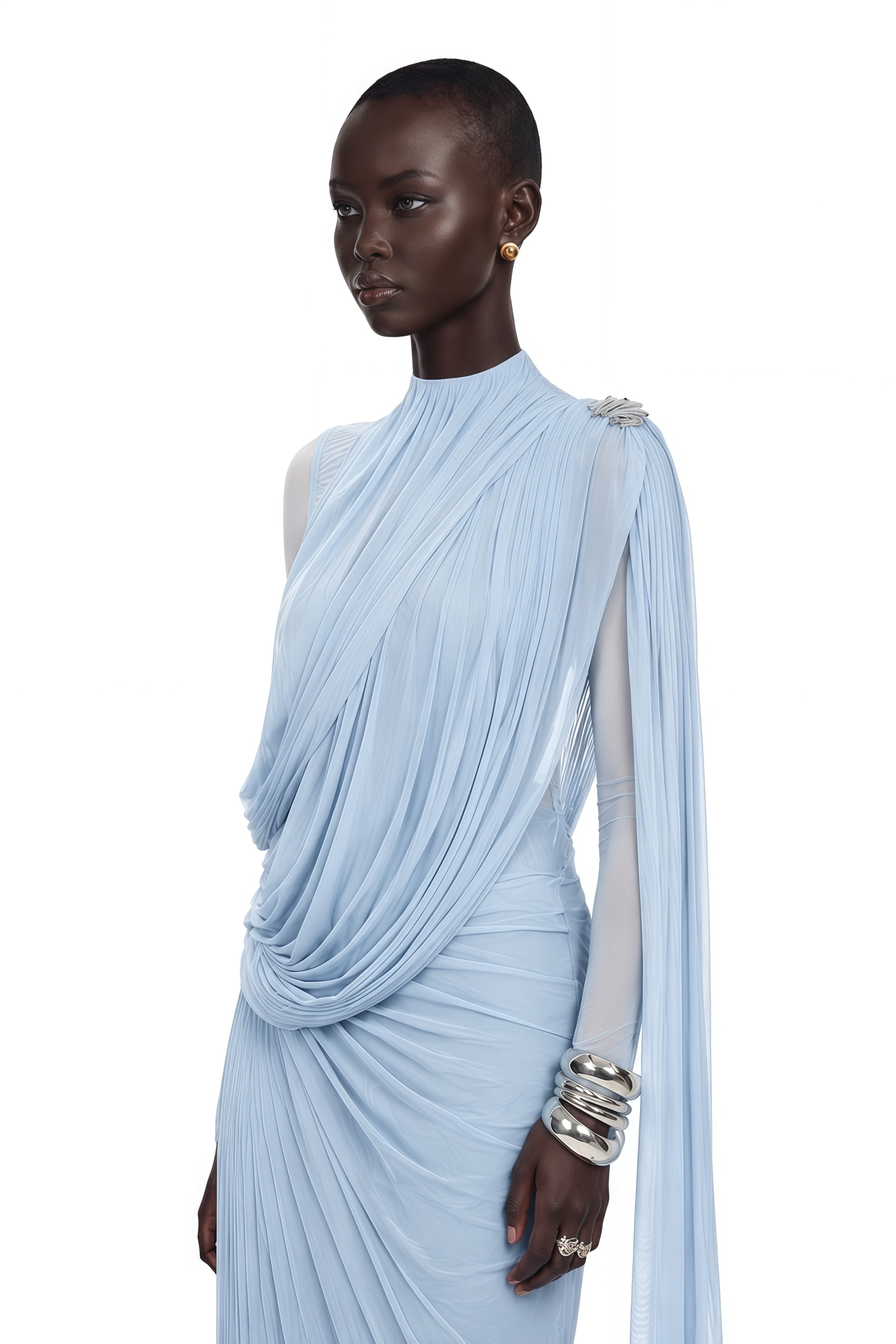 Light blue high-neck draped maxi dress with sheer sleeves and a shoulder cape overlay
