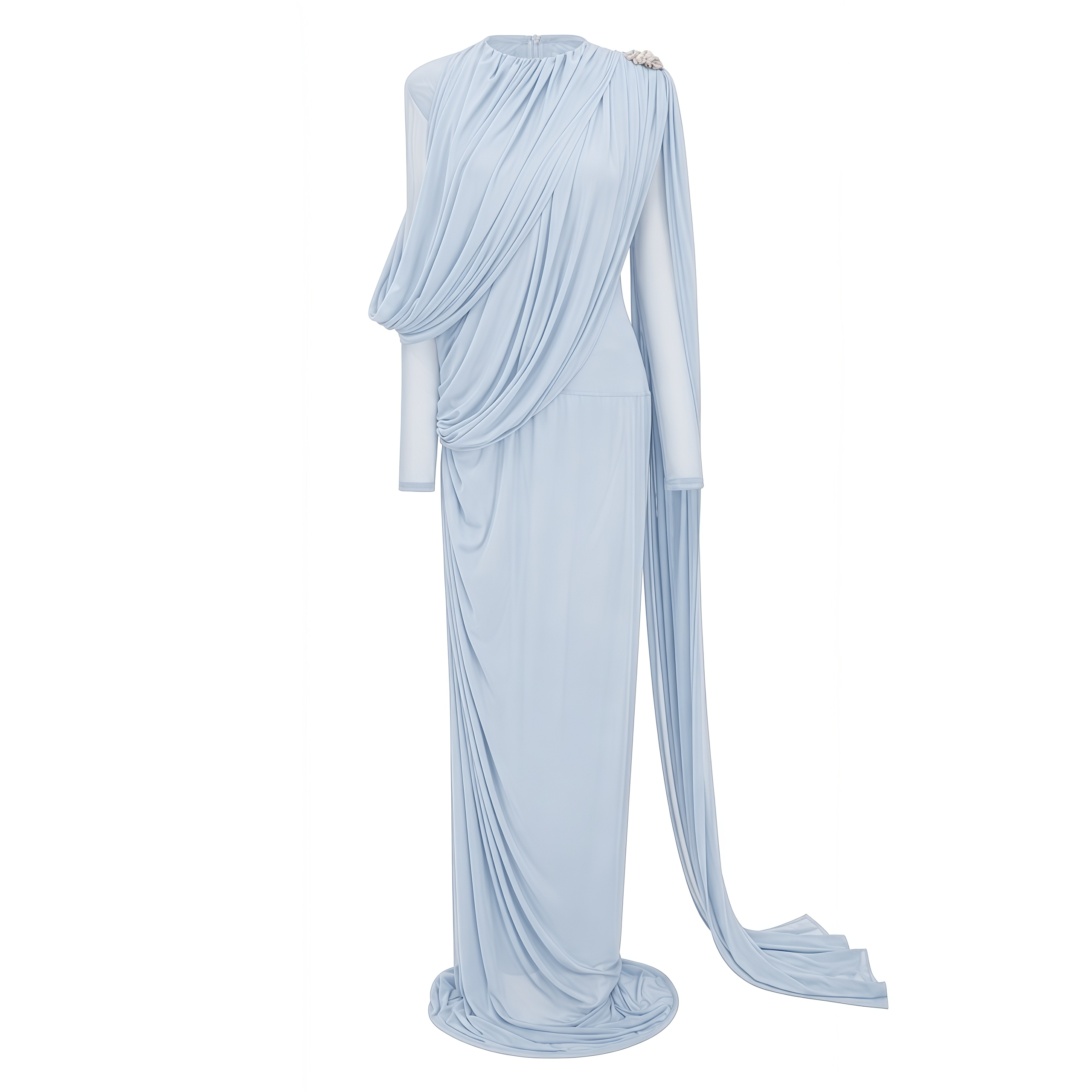 Light blue high-neck draped maxi dress with sheer sleeves and a shoulder cape overlay