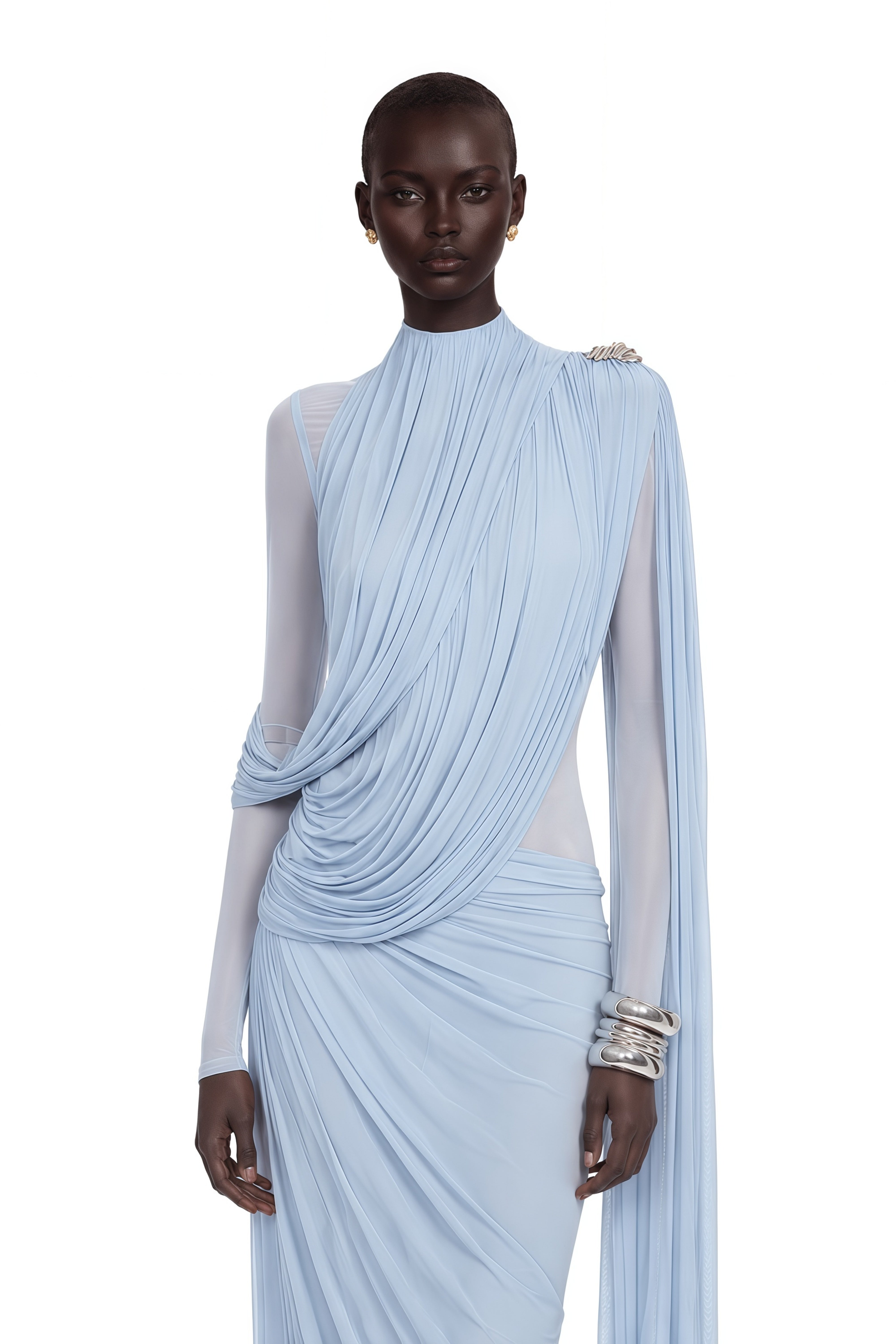 Light blue high-neck draped maxi dress with sheer sleeves and a shoulder cape overlay