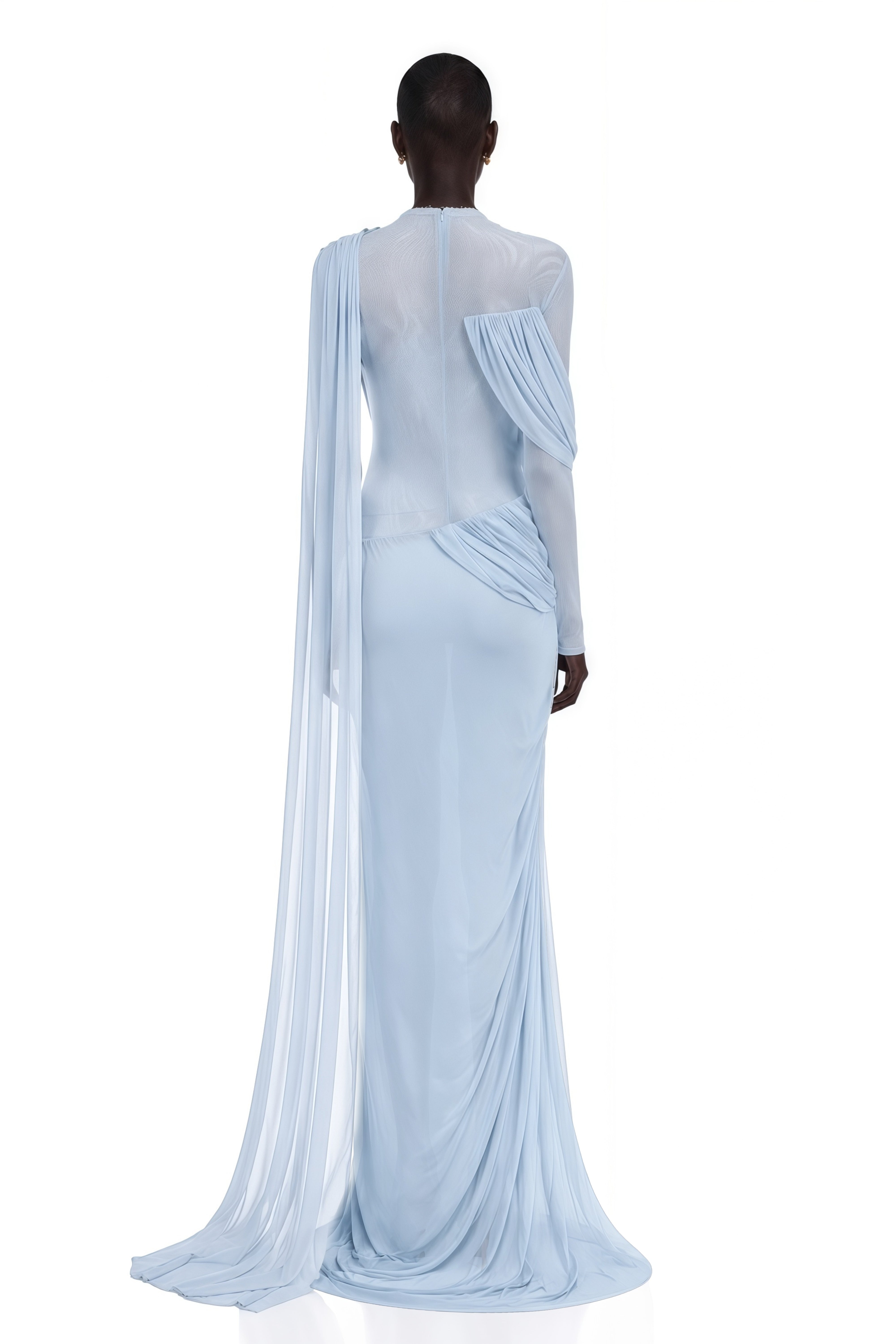 Light blue high-neck draped maxi dress with sheer sleeves and a shoulder cape overlay