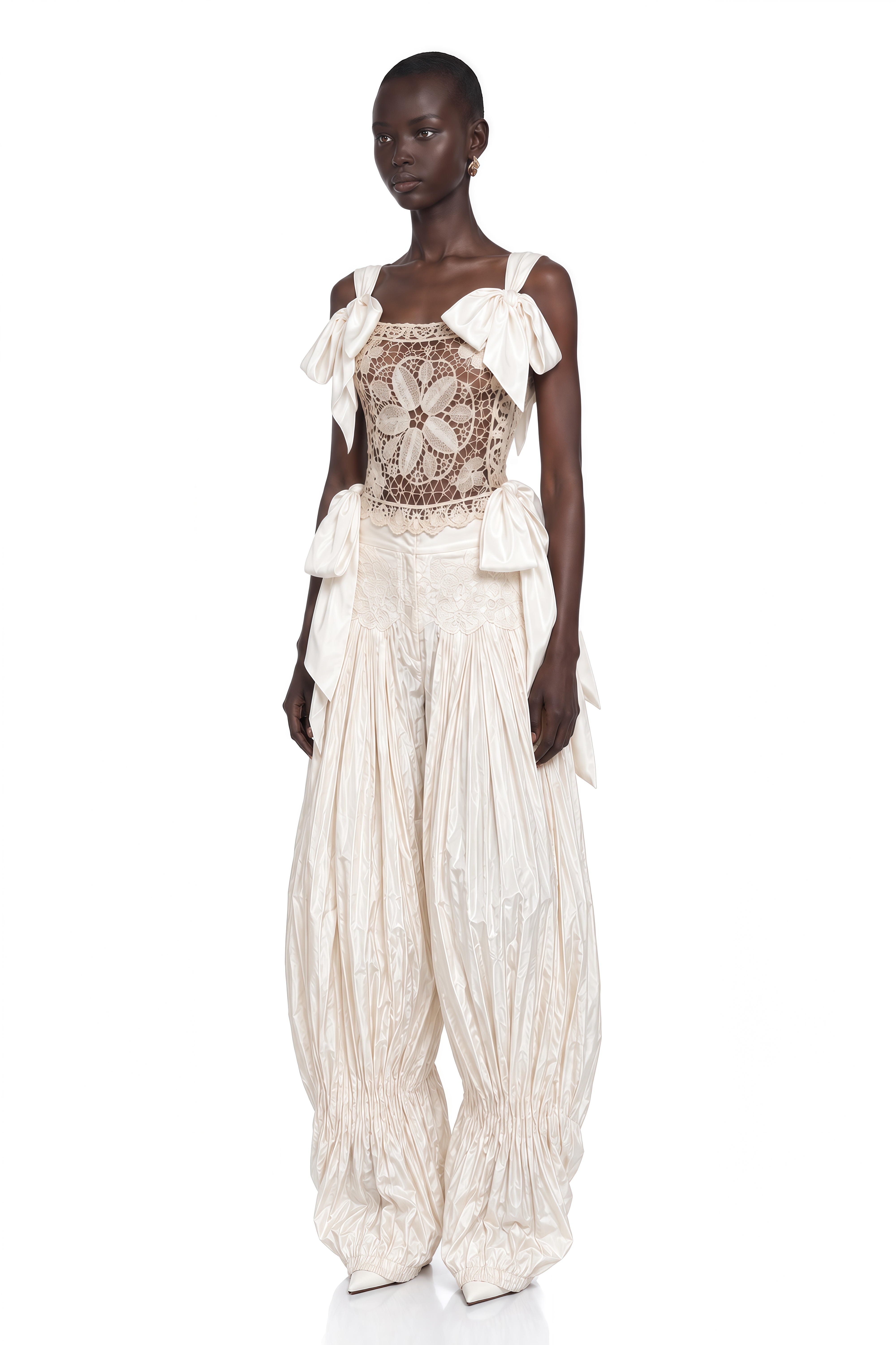 Nicolette Ivory Bow Strap Crochet Top & Balloon Trousers Set