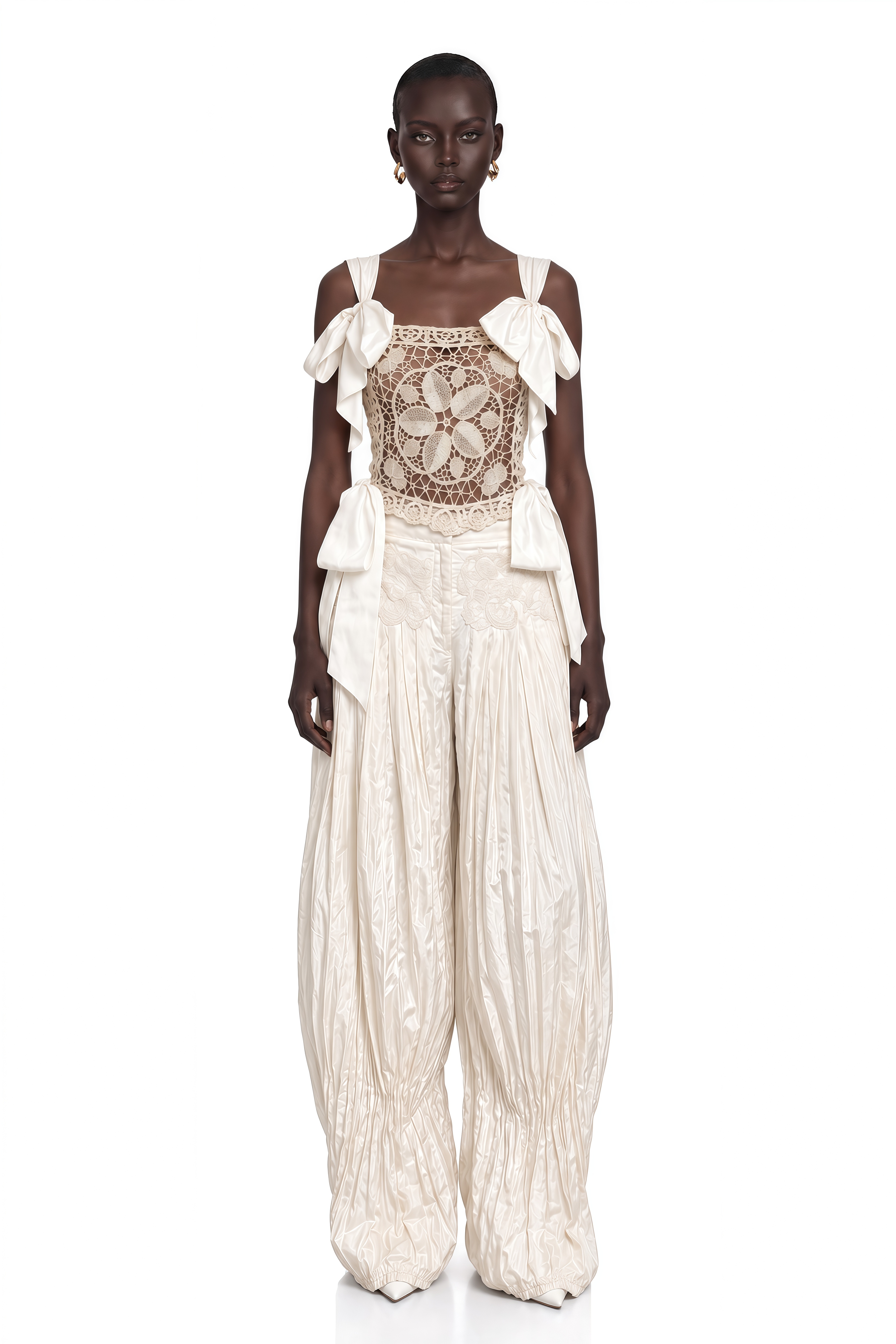 Nicolette Ivory Bow Strap Crochet Top & Balloon Trousers Set