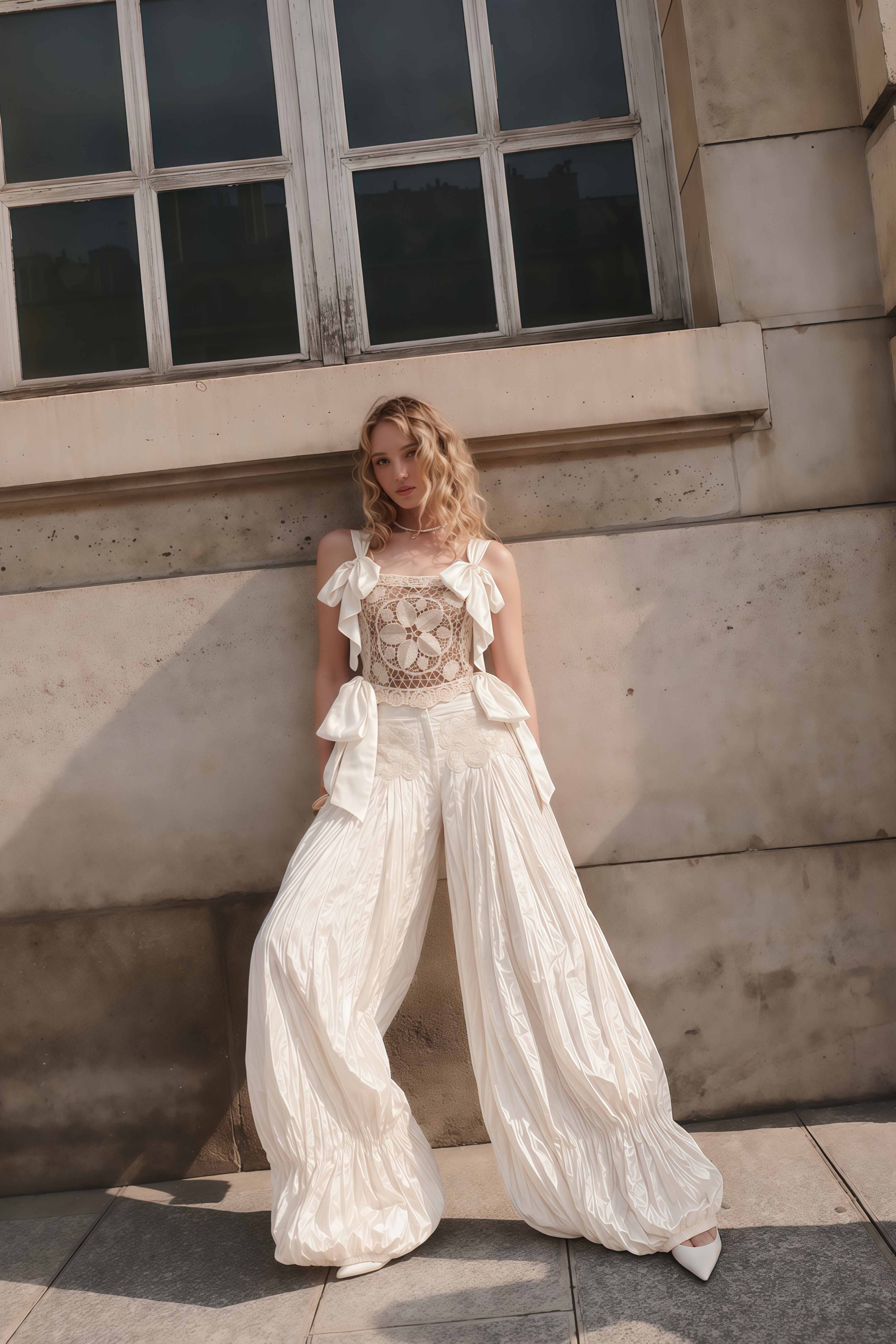 Nicolette Ivory Bow Strap Crochet Top & Balloon Trousers Set