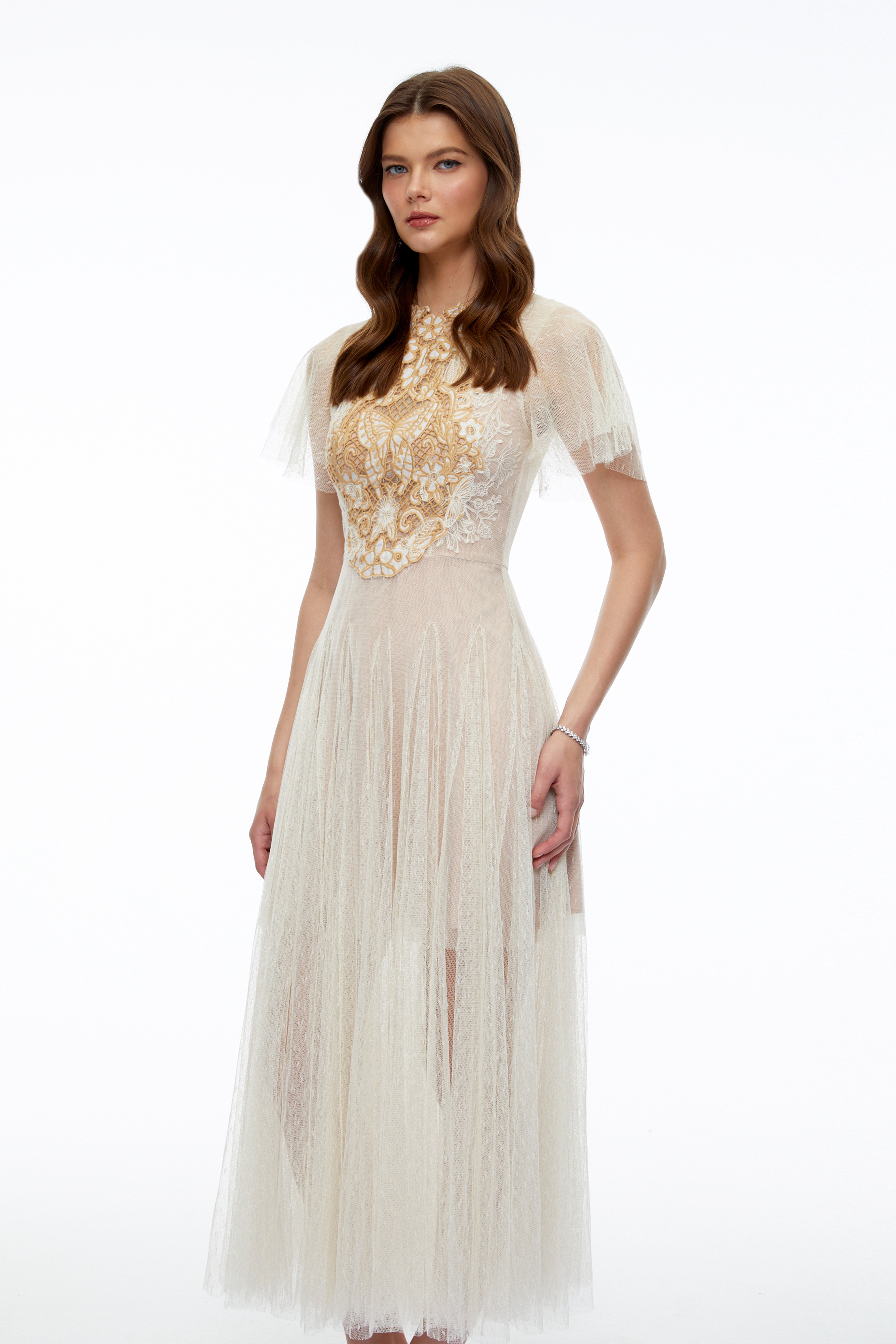 Nicolette Neutral Floral Applique Pleated Tulle Midi Dress